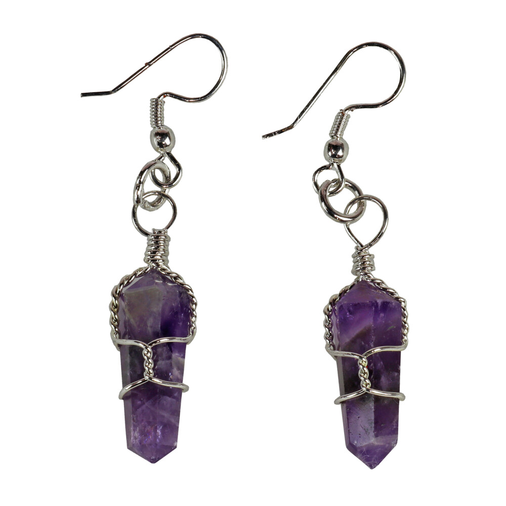 <font size="4"><span style="font-family: "EB Garamond";">Amethyst Wire Wrapped Earrings A Quality</span></font><div style="position: initial; margin: initial; font-family: "EB Garamond";"><p style="margin: initial; font-variant-numeric: normal; font-variant-east-asian: normal; font-stretch: normal; line-height: normal; font-family: "EB Garamond"; color: rgb(0, 0, 0); position: initial;"><font size="4">"Gem of Serenity”</font></p><p style="margin: initial; font-variant-numeric: normal; font-variant-east-asian: normal; font-stretch: normal; line-height: normal; font-family: "EB Garamond"; color: rgb(0, 0, 0); position: initial;"><span style="position: initial; margin: initial; font-family: "EB Garamond";"><font size="4">Amethyst </font></span><span style="font-size: 1.2rem;">is a variety of quartz and derives its purple color from large</span></p><p style="margin: initial; font-variant-numeric: normal; font-variant-east-asian: normal; font-stretch: normal; line-height: normal; font-family: "EB Garamond"; color: rgb(0, 0, 0); position: initial;"><font size="4">trace quantities of the mineral magnesium sulfur, along with micro</font></p><p style="margin: initial; font-variant-numeric: normal; font-variant-east-asian: normal; font-stretch: normal; line-height: normal; font-family: "EB Garamond"; color: rgb(0, 0, 0); position: initial;"><font size="4">quantities of various minerals found within the molten earth around</font></p><p style="margin: initial; font-variant-numeric: normal; font-variant-east-asian: normal; font-stretch: normal; line-height: normal; font-family: "EB Garamond"; color: rgb(0, 0, 0); position: initial;"><font size="4">the “vug” during crystallization. Each Amethyst crystal forms as a</font></p><p style="margin: initial; font-variant-numeric: normal; font-variant-east-asian: normal; font-stretch: normal; line-height: normal; font-family: "EB Garamond"; color: rgb(0, 0, 0); position: initial;"><font size="4">six-sided prism, ending (terminating) in a six-sided pyramid. Traditionally</font></p><p style="margin: initial; font-variant-numeric: normal; font-variant-east-asian: normal; font-stretch: normal; line-height: normal; font-family: "EB Garamond"; color: rgb(0, 0, 0); position: initial;"><font size="4">believed to prevent intoxication by crushing and placing in wine</font></p><p style="margin: initial; font-variant-numeric: normal; font-variant-east-asian: normal; font-stretch: normal; line-height: normal; font-family: "EB Garamond"; color: rgb(0, 0, 0); position: initial;"><font size="4">glasses. Amethyst holds transformative energy, and is also used as</font></p><p style="margin: initial; font-variant-numeric: normal; font-variant-east-asian: normal; font-stretch: normal; line-height: normal; font-family: "EB Garamond"; color: rgb(0, 0, 0); position: initial;"><font size="4">protection for travelers. Amethyst brings energies of calm, balance,</font></p><p style="font-variant-numeric: normal; font-variant-east-asian: normal; font-stretch: normal; line-height: normal; font-family: "EB Garamond"; color: rgb(0, 0, 0); position: initial; margin: initial;"><font size="4">courage, sobriety and inner strength.</font></p><p style="font-variant-numeric: normal; font-variant-east-asian: normal; font-stretch: normal; line-height: normal; font-family: "EB Garamond"; color: rgb(0, 0, 0); position: initial; margin: initial;"><font size="4"><br></font></p></div><div style="position: initial; margin: initial; font-family: "EB Garamond";"><p style="font-variant-numeric: normal; font-variant-east-asian: normal; font-stretch: normal; line-height: normal; font-family: "EB Garamond"; color: rgb(0, 0, 0); position: initial; margin: initial;"><font size="4">Each item is unique and one of a kind. Nature's treasures do vary in their shape and color.</font></p></div> Amethyst Wire Wrapped Earrings A Quality
