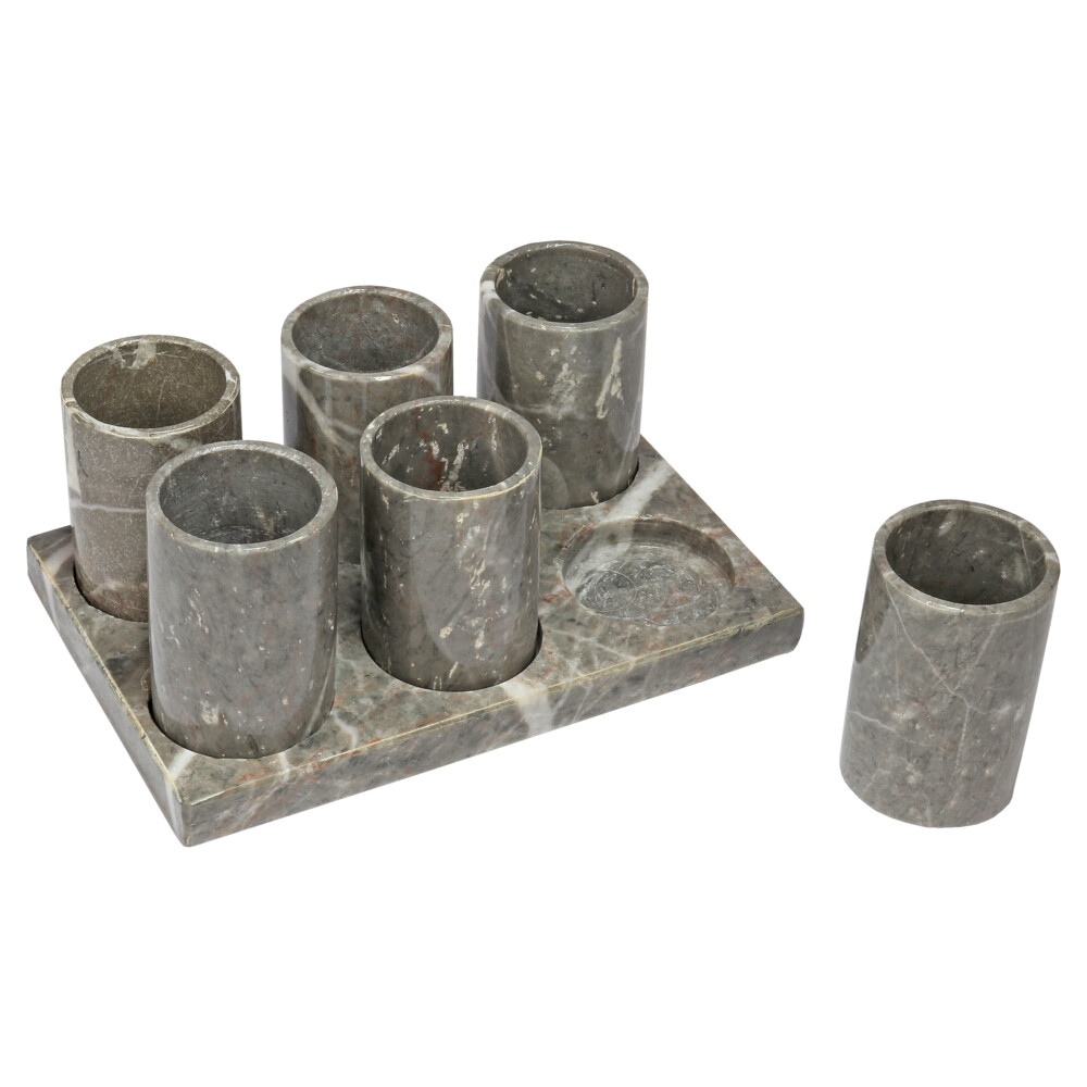 <span style="font-family: "EB Garamond";">Double-shot Gray Marble Tequila Set Of 6 With Fitted Tray Solo</span><div style="position: initial; margin: initial;"><p style="margin: initial; font-variant-numeric: normal; font-variant-east-asian: normal; font-stretch: normal; line-height: normal; font-family: "EB Garamond"; color: rgb(0, 0, 0); position: initial;"><font style="font-size: 1.2rem; line-height: 22px; position: initial; margin: initial;">These are one-of-a-kind, carved with intent</font></p><p style="margin: initial; font-variant-numeric: normal; font-variant-east-asian: normal; font-stretch: normal; line-height: normal; font-family: "EB Garamond"; color: rgb(0, 0, 0); position: initial;"><font style="font-size: 1.2rem; line-height: 22px; position: initial; margin: initial;">and </font><span style="font-size: 1.2rem; position: initial; margin: initial;">placement of each form from maximizing each individual onyx</span></p><p style="margin: initial; font-variant-numeric: normal; font-variant-east-asian: normal; font-stretch: normal; line-height: normal; font-family: "EB Garamond"; color: rgb(0, 0, 0); position: initial;"><font style="font-size: 1.2rem; line-height: 22px; position: initial; margin: initial;">boulder’s unique qualities and characteristics. Formed of translucent</font></p><p style="margin: initial; font-variant-numeric: normal; font-variant-east-asian: normal; font-stretch: normal; line-height: normal; font-family: "EB Garamond"; color: rgb(0, 0, 0); position: initial;"><font style="font-size: 1.2rem; line-height: 22px; position: initial; margin: initial;">bands of chalcedony in alternating colors and marbled with travertine</font></p><p style="margin: initial; font-variant-numeric: normal; font-variant-east-asian: normal; font-stretch: normal; line-height: normal; font-family: "EB Garamond"; color: rgb(0, 0, 0); position: initial;"><font style="font-size: 1.2rem; line-height: 22px; position: initial; margin: initial;">marble; it is “crypto-crystalline”, consisting of fine intergrowths of the</font></p><p style="margin: initial; font-variant-numeric: normal; font-variant-east-asian: normal; font-stretch: normal; line-height: normal; font-family: "EB Garamond"; color: rgb(0, 0, 0); position: initial;"><font style="font-size: 1.2rem; line-height: 22px; position: initial; margin: initial;">silica minerals quartz and morganite. Sourced from the Southern</font></p><p style="margin: initial; font-variant-numeric: normal; font-variant-east-asian: normal; font-stretch: normal; line-height: normal; font-family: "EB Garamond"; color: rgb(0, 0, 0); position: initial;"><font style="font-size: 1.2rem; line-height: 22px; position: initial; margin: initial;">Interior Region of Mexico. These semi-translucent textures allow light to</font></p><p style="margin: initial; font-variant-numeric: normal; font-variant-east-asian: normal; font-stretch: normal; line-height: normal; font-family: "EB Garamond"; color: rgb(0, 0, 0); position: initial;"><font style="font-size: 1.2rem; line-height: 22px; position: initial; margin: initial;">pass through, while the mix of opaque marbling adds a sense of founda</font><font style="font-size: 1.2rem; line-height: 22px; position: initial; margin: initial;">tion</font></p><p style="margin: initial; font-variant-numeric: normal; font-variant-east-asian: normal; font-stretch: normal; line-height: normal; font-family: "EB Garamond"; color: rgb(0, 0, 0); position: initial;"><span style="font-size: 1.2rem; position: initial; margin: initial;">and comfort.</span></p><p style="margin: initial; font-variant-numeric: normal; font-variant-east-asian: normal; font-stretch: normal; line-height: normal; font-family: "EB Garamond"; color: rgb(0, 0, 0); position: initial;"><font style="font-size: 1.2rem; line-height: 22px; position: initial; margin: initial;"><br style="position: initial; margin: initial;"></font></p><p style="margin: initial; font-variant-numeric: normal; font-variant-east-asian: normal; font-stretch: normal; line-height: normal; font-family: "EB Garamond"; color: rgb(0, 0, 0); position: initial;"><font style="font-size: 1.2rem; line-height: 22px; position: initial; margin: initial;">Each item is unique and one of a kind. Nature's treasures do vary in their shape and color.</font></p></div> Double-shot Gray Marble Tequila Set Of 6 With Fitted Tray Solo