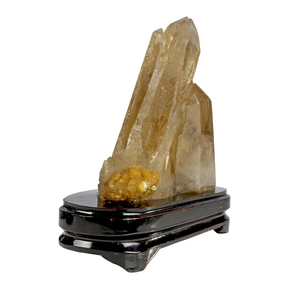 <span style="position: initial; margin: initial;"></span><span style="font-family: "EB Garamond"; position: initial; margin: initial;"><font size="4">Smoky Quartz Point Trio Cluster On Wood Base -Clear With Slight Surface Polish Jacre & Muscovite Inclusion</font></span><div><font face="EB Garamond"><font size="4">Nature's treasure at it's finest!</font><br></font><div style="position: initial; margin: initial; font-family: "EB Garamond";"><span style="font-family: "EB Garamond"; position: initial; margin: initial;"><font size="4"><br style="position: initial; margin: initial; font-family: "EB Garamond";"></font></span></div><div style="position: initial; margin: initial; font-family: "EB Garamond";"><p style="margin: initial; font-variant-numeric: normal; font-variant-east-asian: normal; font-stretch: normal; line-height: normal; font-family: "EB Garamond"; color: rgb(0, 0, 0); position: initial;"><span style="position: initial; margin: initial; font-family: "EB Garamond";"><font size="4">SMOKY QUARTZ</font></span></p><p style="margin: initial; font-variant-numeric: normal; font-variant-east-asian: normal; font-stretch: normal; line-height: normal; font-family: "EB Garamond"; color: rgb(0, 0, 0); position: initial;"><font size="4">“Gem of Transforming & Removing Negativity”</font></p><p style="margin: initial; font-variant-numeric: normal; font-variant-east-asian: normal; font-stretch: normal; line-height: normal; font-family: "EB Garamond"; color: rgb(0, 0, 0); position: initial;"><span style="position: initial; margin: initial; font-family: "EB Garamond";"><font size="4">Smoky Quartz </font></span><span style="font-size: 1.2rem;">is a translucent variety of quartz; with colors ranging</span></p><p style="margin: initial; font-variant-numeric: normal; font-variant-east-asian: normal; font-stretch: normal; line-height: normal; font-family: "EB Garamond"; color: rgb(0, 0, 0); position: initial;"><font size="4">from a translucent brownish-gray to an almost opaque black (Morion).</font></p><p style="margin: initial; font-variant-numeric: normal; font-variant-east-asian: normal; font-stretch: normal; line-height: normal; font-family: "EB Garamond"; color: rgb(0, 0, 0); position: initial;"><font size="4">The color occurs due to its chemical composition as a silicon dioxide</font></p><p style="margin: initial; font-variant-numeric: normal; font-variant-east-asian: normal; font-stretch: normal; line-height: normal; font-family: "EB Garamond"; color: rgb(0, 0, 0); position: initial;"><font size="4">mineral; when free silicon atoms are exposed to natural irradiation.</font></p><p style="margin: initial; font-variant-numeric: normal; font-variant-east-asian: normal; font-stretch: normal; line-height: normal; font-family: "EB Garamond"; color: rgb(0, 0, 0); position: initial;"><font size="4">Energetically smoky quartz is a great protection stone on many levels. As </font><span style="font-size: 1.2rem;">a transformative stone, it is excellent at elevating moods, relieving stress </span><span style="font-size: 1.2rem;">and other negative emotions. It is also very grounding and physically it </span><span style="font-size: 1.2rem;">may help ease dis-eases occurring around the lower torso. Associated </span><span style="font-size: 1.2rem;">with the Root Chakra.</span></p><p style="margin: initial; font-variant-numeric: normal; font-variant-east-asian: normal; font-stretch: normal; line-height: normal; font-family: "EB Garamond"; color: rgb(0, 0, 0); position: initial;"><span style="font-size: 1.2rem;"><br></span></p></div></div> Smoky Quartz Point Trio Cluster On Wood Base -Clear With Slight Surface Polish Jacre & Muscovite Inclusion