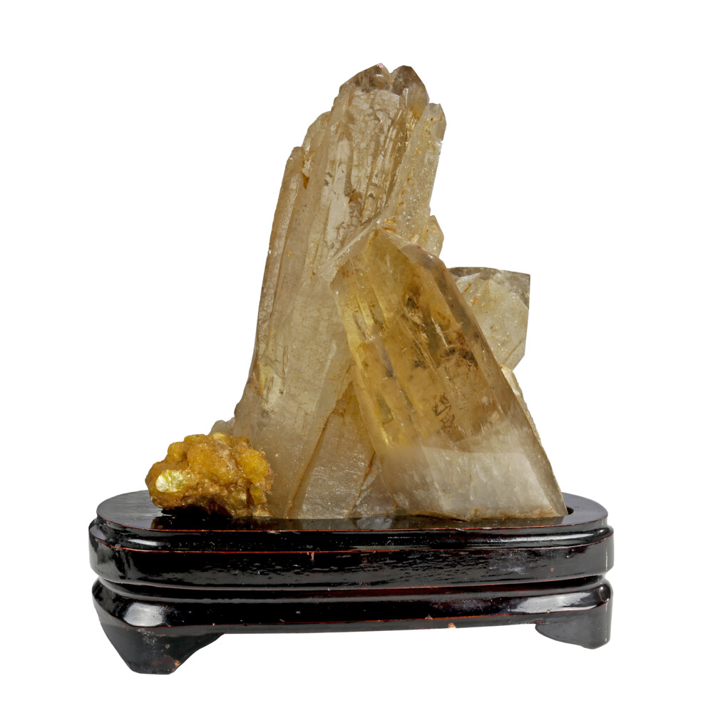Image 2 for Smoky Quartz Point Trio Cluster On Wood Base -Clear With Slight Surface Polish Jacre & Muscovite Inclusion