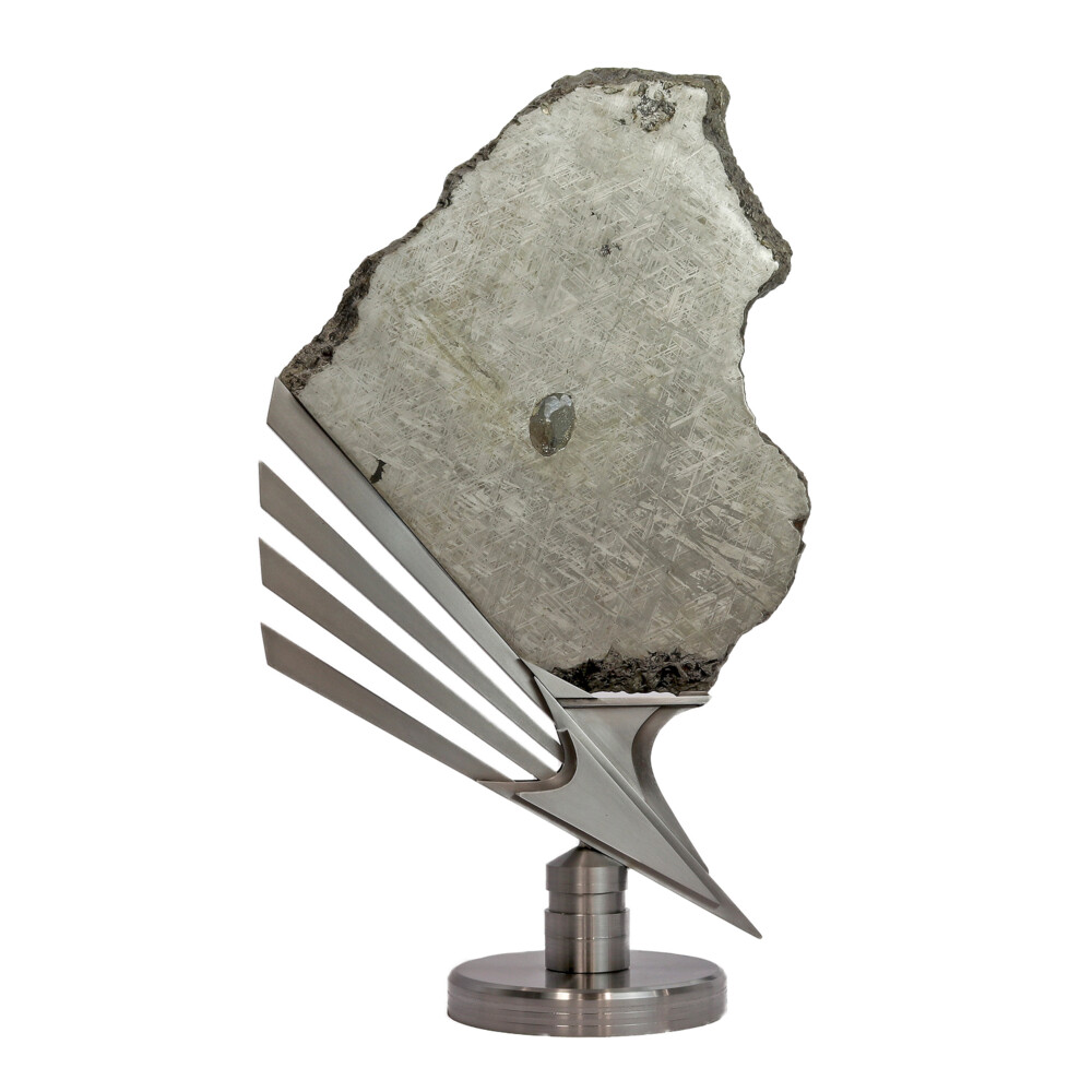 Image 2 for Muonionalusta Meteorite Slice with Troylite Inclusion on Custom 'Icarus Shoe' Inspired Rotating Custom Stand 9.8kg Meteorite