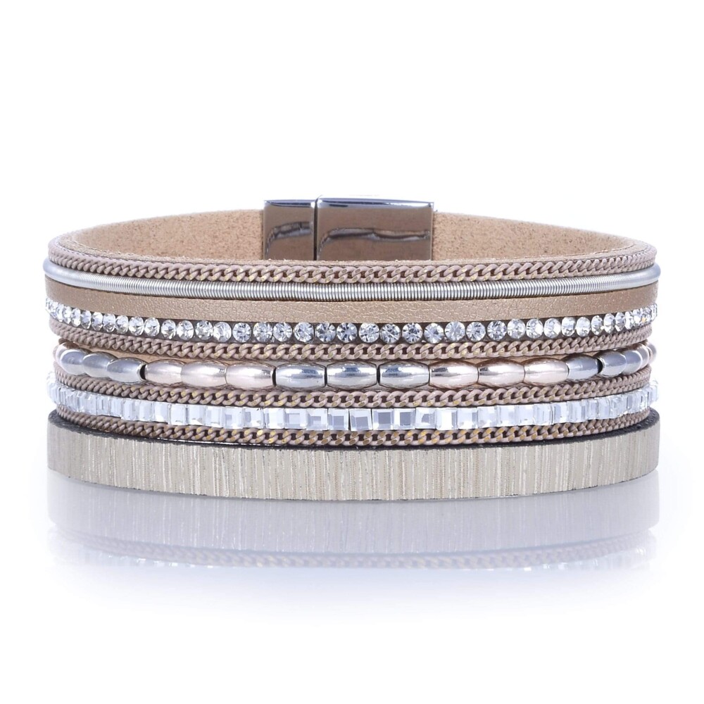 <font size="4"><span style="font-family: "EB Garamond";">Metallic Beads & Brown Leather Multiple Wrap Bracelet With Magnetic Clasp</span></font><div style="position: initial; margin: initial; font-family: "EB Garamond";"><font size="4"><br style="position: initial; margin: initial; font-family: "EB Garamond";"></font></div><div style="position: initial; margin: initial; font-family: "EB Garamond";"><p style="margin: initial; padding: 0px; border: 0px; font-variant-numeric: inherit; font-variant-east-asian: inherit; font-stretch: inherit; line-height: inherit; font-family: "EB Garamond"; vertical-align: baseline; color: rgb(51, 51, 51); position: initial;"><font size="4">8" Handmade Original Multi-Strand Gemstone Bracelet with Metallic Beads.</font></p><p style="margin: initial; padding: 0px; border: 0px; font-variant-numeric: inherit; font-variant-east-asian: inherit; font-stretch: inherit; line-height: inherit; font-family: "EB Garamond"; vertical-align: baseline; color: rgb(51, 51, 51); position: initial;"><font size="4">Handmade, multi-strand natural leather bracelet with a metallic finish and round gemstone studs and metallic beads.</font></p><p style="margin: initial; padding: 0px; border: 0px; font-variant-numeric: inherit; font-variant-east-asian: inherit; font-stretch: inherit; line-height: inherit; font-family: "EB Garamond"; vertical-align: baseline; color: rgb(51, 51, 51); position: initial;"><font size="4">Simple, structured<span style="margin: initial; padding: 0px; border: 0px; font-style: inherit; font-variant: inherit; font-weight: inherit; font-stretch: inherit; line-height: inherit; font-family: "EB Garamond"; vertical-align: baseline; position: initial;"> </span>and wardrobe-friendly. Perfect for a casual day out or a fancy night out on the town.</font></p></div> Metallic Beads & Brown Leather Multiple Wrap Bracelet With Magnetic Clasp