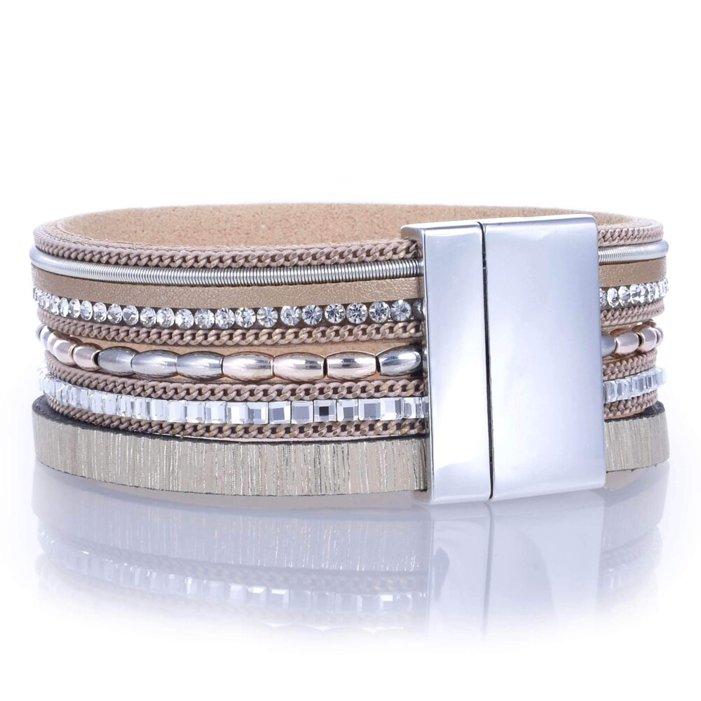 Image 2 for Metallic Beads & Brown Leather Multiple Wrap Bracelet With Magnetic Clasp