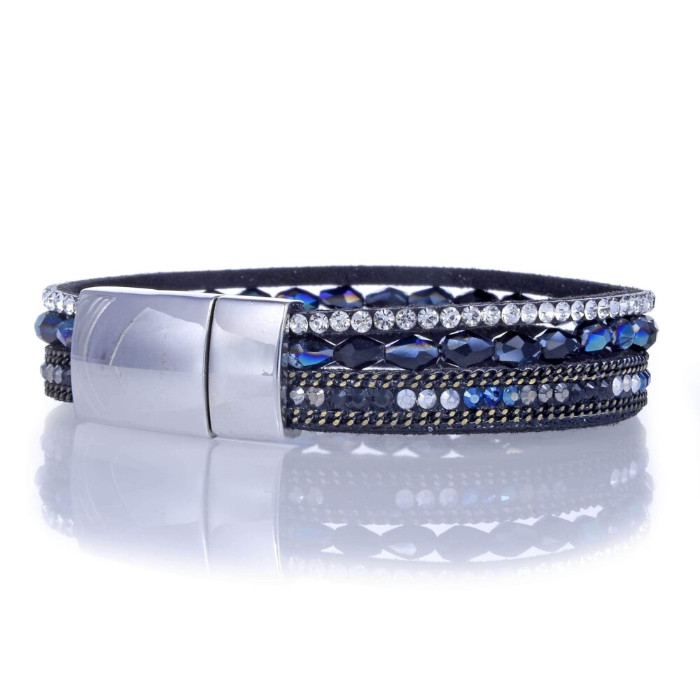 <font size="4"><span style="font-family: "EB Garamond";">Navy Briolette Gemstone Beads & Black Leather Multiple Wrap Bracelet With Magnetic Clasp</span></font><div style="position: initial; margin: initial; font-family: "EB Garamond";"><font size="4"><br style="position: initial; margin: initial; font-family: "EB Garamond";"></font></div><div style="position: initial; margin: initial; font-family: "EB Garamond";"><p style="margin: initial; padding: 0px; border: 0px; font-variant-numeric: inherit; font-variant-east-asian: inherit; font-stretch: inherit; line-height: inherit; font-family: "EB Garamond"; vertical-align: baseline; color: rgb(51, 51, 51); position: initial;"><font size="4">8" Handmade Original Multi Strand Gemstone Bracelet with Briolette Gemstones.</font></p><p style="margin: initial; padding: 0px; border: 0px; font-variant-numeric: inherit; font-variant-east-asian: inherit; font-stretch: inherit; line-height: inherit; font-family: "EB Garamond"; vertical-align: baseline; color: rgb(51, 51, 51); position: initial;"><font size="4">Handmade, multi strand natural leather bracelet inlaid with natural gemstones and strewn with briolette cut beads.</font></p><p style="margin: initial; padding: 0px; border: 0px; font-variant-numeric: inherit; font-variant-east-asian: inherit; font-stretch: inherit; line-height: inherit; font-family: "EB Garamond"; vertical-align: baseline; color: rgb(51, 51, 51); position: initial;"><font size="4">Radiant, lovely and wardrobe-friendly. Perfect for a casual day out or a fancy night out on the town.</font></p></div> Navy Briolette Gemstone Beads & Black Leather Multiple Wrap Bracelet With Magnetic Clasp