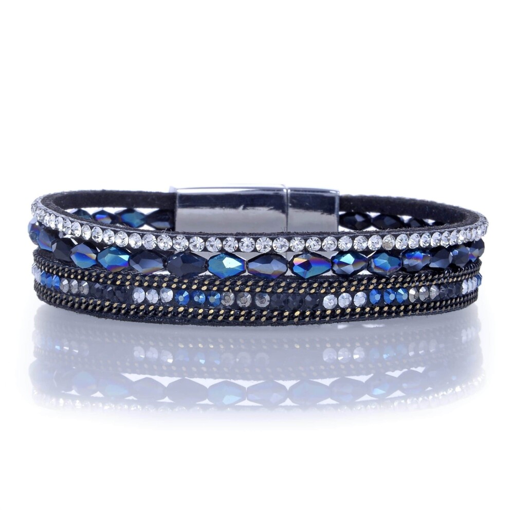 Image 2 for Navy Briolette Gemstone Beads & Black Leather Multiple Wrap Bracelet With Magnetic Clasp