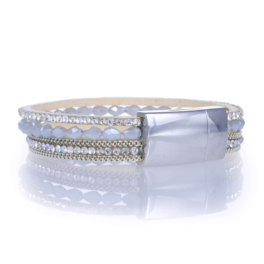 Image 2 for Opalescent Briolette Gemstone Beads & White Leather Multiple Wrap Bracelet With Magnetic Clasp