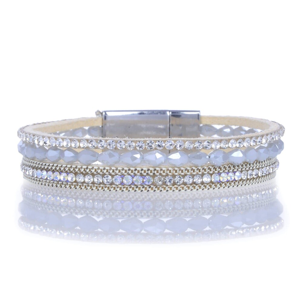 <font size="4"><span style="font-family: "EB Garamond";">Opalescent Briolette Gemstone Beads & White Leather Multiple Wrap Bracelet With Magnetic Clasp</span></font><div style="position: initial; margin: initial; font-family: "EB Garamond";"><font size="4"><br style="position: initial; margin: initial; font-family: "EB Garamond";"></font></div><div style="position: initial; margin: initial; font-family: "EB Garamond";"><p style="margin: initial; padding: 0px; border: 0px; font-variant-numeric: inherit; font-variant-east-asian: inherit; font-stretch: inherit; line-height: inherit; font-family: "EB Garamond"; vertical-align: baseline; color: rgb(51, 51, 51); position: initial;"><font size="4">8" Handmade Original Multi Strand Gemstone Bracelet with Briolette Gemstones.</font></p><p style="margin: initial; padding: 0px; border: 0px; font-variant-numeric: inherit; font-variant-east-asian: inherit; font-stretch: inherit; line-height: inherit; font-family: "EB Garamond"; vertical-align: baseline; color: rgb(51, 51, 51); position: initial;"><font size="4">Handmade, multi strand natural leather bracelet inlaid with natural gemstones and strewn with briolette cut beads.</font></p><p style="margin: initial; padding: 0px; border: 0px; font-variant-numeric: inherit; font-variant-east-asian: inherit; font-stretch: inherit; line-height: inherit; font-family: "EB Garamond"; vertical-align: baseline; color: rgb(51, 51, 51); position: initial;"><font size="4">Radiant, lovely and wardrobe-friendly. Perfect for a casual day out or a fancy night out on the town.</font></p></div> Opalescent Briolette Gemstone Beads & White Leather Multiple Wrap Bracelet With Magnetic Clasp