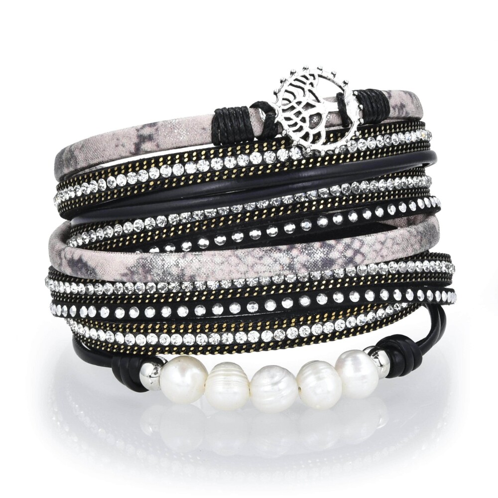 Image 2 for Tree Of Life Design Black Leather & Pearls Double Wrap Bracelet With Magnetic Clasp