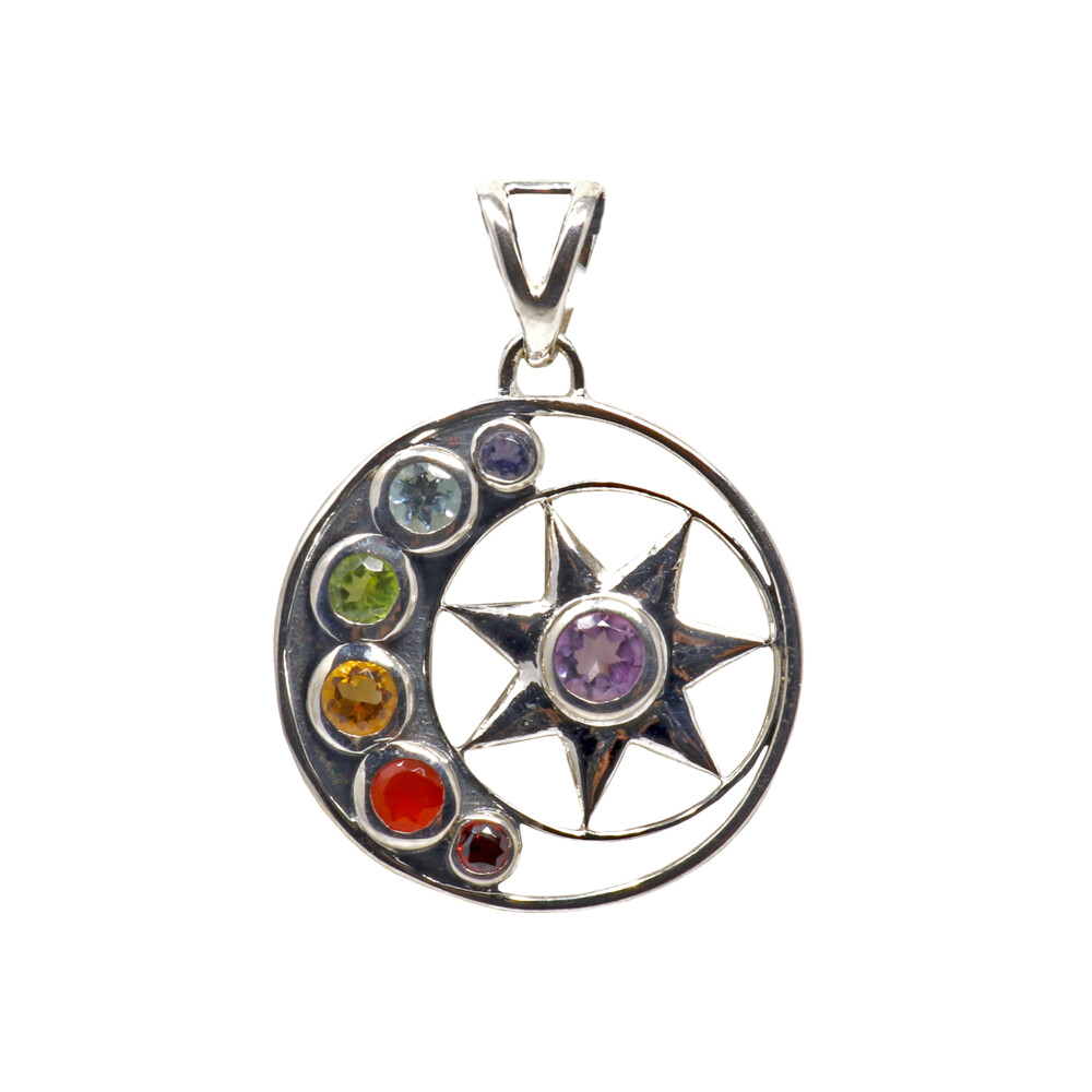 <span style="font-family: "EB Garamond";"><font size="4">7 Chakra Pendant - Faceted Rounds On Silver Sun & Moon Pendant</font></span> 7 Chakra Pendant - Faceted Rounds On Silver Sun & Moon Pendant