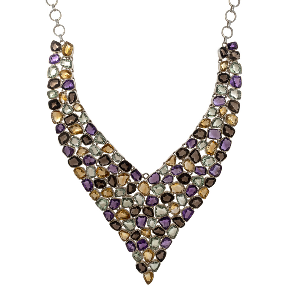<span style="font-family: "EB Garamond"; color: rgb(0, 0, 0);"><font style="font-family: "EB Garamond"; color: rgb(0, 0, 0);" size="4">Multi Gemstone Necklace V Collar</font></span><div style="font-family: "EB Garamond"; color: rgb(0, 0, 0);"><span style="font-family: "EB Garamond"; color: rgb(0, 0, 0);"><font style="font-family: "EB Garamond"; color: rgb(0, 0, 0);" size="4">Gorgeous draping collar necklace with diamond faceted gemstone matrix.</font></span></div><div style="font-family: "EB Garamond"; color: rgb(0, 0, 0);"><font size="4" style="color: rgb(0, 0, 0);"><font face="EB Garamond" style="font-family: "EB Garamond"; color: rgb(0, 0, 0);"><span style="font-family: "EB Garamond"; color: rgb(0, 0, 0);">Amethyst</span></font><span style="font-family: "EB Garamond"; color: rgb(0, 0, 0);"><font style="font-family: "EB Garamond"; color: rgb(0, 0, 0);">: Peace, Serenity & Stress Relief</font></span></font></div><div style="font-family: "EB Garamond"; color: rgb(0, 0, 0);"><span style="font-family: "EB Garamond"; color: rgb(0, 0, 0);"><font style="font-family: "EB Garamond"; color: rgb(0, 0, 0);" size="4">Prasiolite: Connection to Nature & Originality </font></span></div><div style="font-family: "EB Garamond"; color: rgb(0, 0, 0);"><span style="font-family: "EB Garamond"; color: rgb(0, 0, 0);"><font style="font-family: "EB Garamond"; color: rgb(0, 0, 0);" size="4">Smoky Quartz: Clearing Negative Energy & Grounding </font></span></div><div style="font-family: "EB Garamond"; color: rgb(0, 0, 0);"><span style="font-family: "EB Garamond"; color: rgb(0, 0, 0);"><font style="font-family: "EB Garamond"; color: rgb(0, 0, 0);" size="4">Citrine: Success & Vitality</font></span></div> Multi Gemstone Necklace V Collar