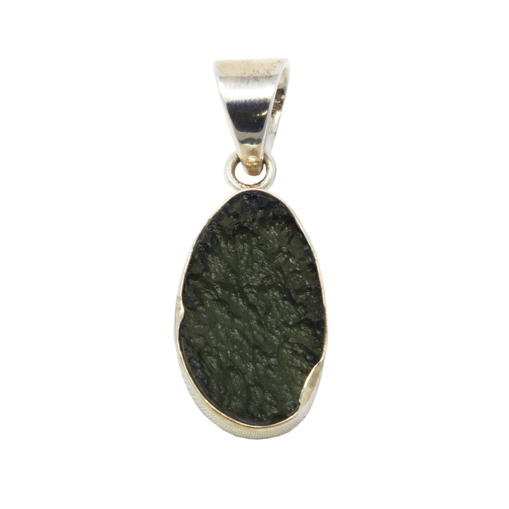 <span style="position: initial; margin: initial;"></span><span style="font-family: "EB Garamond"; position: initial; margin: initial;"><font style="font-family: "EB Garamond";" size="4">Moldavite Pendant - Simple Unpolished Oval With Silver Bezel</font></span><div style="position: initial; margin: initial; font-family: "EB Garamond";"><span style="color: rgb(0, 0, 0); font-family: "EB Garamond"; white-space: pre-wrap; position: initial; margin: initial;"><font style="font-family: "EB Garamond";" size="4">Moldavite is a very intriguing and powerful crystal. It was created by a massive meteorite impact in the Czechoslovakia region around 15 million years ago! Moldavite is often experienced as a tingling in the hand that spreads to the whole body, and many feel an intense heat when holding or wearing it for the first time. With colors ranging from olive to forest green to blue-green, this highly energetic stone is known to hold a very high vibration and to be a powerful aid in healing. Coupled with other crystals, moldavite can raise their vibrations and create an even more potent overall healing vibration. This crystal is an amazing tool for spiritual growth, as well as connecting one to other worlds and dimensions. Using moldavite in meditation can help stimulate and awaken psychic abilities, and it is also a powerful source of protection from any negative or imbalanced energies. A stone of rapid shifts and transformation, moldavite makes an excellent crystal companion for anyone on the path of spiritual awakening!</font></span><span style="font-family: "EB Garamond"; position: initial; margin: initial;"><br style="position: initial; margin: initial;"></span></div> Moldavite Pendant - Simple Unpolished Oval With Silver Bezel