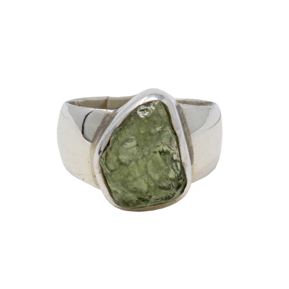 <span style="font-family: "EB Garamond"; position: initial; margin: initial;"><font style="position: initial; margin: initial; font-family: "EB Garamond";" size="4">Moldavite Ring - Unpolished Freeform With Silver Bezel On Wide Band Sz9</font></span><div style="position: initial; margin: initial; font-family: "EB Garamond";"><span style="color: rgb(0, 0, 0); font-family: "EB Garamond"; white-space: pre-wrap; position: initial; margin: initial;"><font style="font-family: "EB Garamond";" size="4">Moldavite is a very intriguing and powerful crystal. It was created by a massive meteorite impact in the Czechoslovakia region around 15 million years ago! Moldavite is often experienced as a tingling in the hand that spreads to the whole body, and many feel an intense heat when holding or wearing it for the first time. With colors ranging from olive to forest green to blue-green, this highly energetic stone is known to hold a very high vibration and to be a powerful aid in healing. Coupled with other crystals, moldavite can raise their vibrations and create an even more potent overall healing vibration. This crystal is an amazing tool for spiritual growth, as well as connecting one to other worlds and dimensions. Using moldavite in meditation can help stimulate and awaken psychic abilities, and it is also a powerful source of protection from any negative or imbalanced energies. A stone of rapid shifts and transformation, moldavite makes an excellent crystal companion for anyone on the path of spiritual awakening!</font></span><span style="font-family: "EB Garamond"; position: initial; margin: initial;"><font size="4" style="position: initial; margin: initial;"><br style="position: initial; margin: initial;"></font></span></div> Moldavite Ring - Unpolished Freeform With Silver Bezel On Wide Band Sz9
