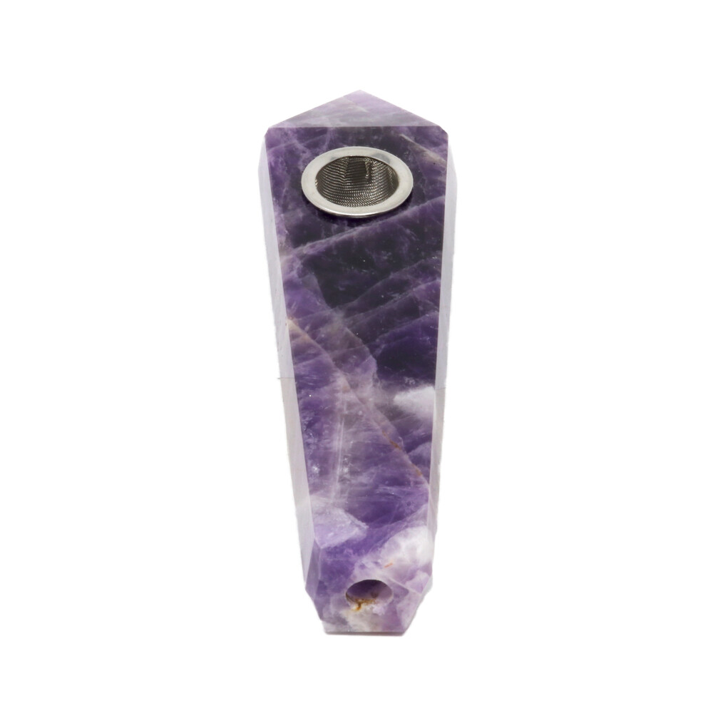 <font size="4"><span style="font-family: "EB Garamond";"><font size="4">Chevron Amethyst Pipe</font></span></font><div style="position: initial; margin: initial; font-family: "EB Garamond";"><font size="4"><br style="position: initial; margin: initial; font-family: "EB Garamond";"></font></div><div style="position: initial; margin: initial; font-family: "EB Garamond";"><p style="margin: initial; font-variant-numeric: normal; font-variant-east-asian: normal; font-stretch: normal; line-height: normal; font-family: "EB Garamond"; color: rgb(0, 0, 0); position: initial;"><b style="position: initial; margin: initial; font-family: "EB Garamond";"><font size="4">CHEVRON AMETHYST</font></b></p><p style="margin: initial; font-variant-numeric: normal; font-variant-east-asian: normal; font-stretch: normal; line-height: normal; font-family: "EB Garamond"; color: rgb(0, 0, 0); position: initial;"><font size="4">“</font><span style="font-size: 1.2rem;">Gem of Self-Discovery”</span></p><p style="margin: initial; font-variant-numeric: normal; font-variant-east-asian: normal; font-stretch: normal; line-height: normal; font-family: "EB Garamond"; color: rgb(0, 0, 0); position: initial;"><b style="position: initial; margin: initial; font-family: "EB Garamond";"><font size="4">Chevron Amethyst </font></b><span style="font-size: 1.2rem;">also called </span><b style="font-size: 0.875em; position: initial; margin: initial;"><font size="4">Lace Amethyst</font></b></p><p style="margin: initial; font-variant-numeric: normal; font-variant-east-asian: normal; font-stretch: normal; line-height: normal; font-family: "EB Garamond"; color: rgb(0, 0, 0); position: initial;"><font size="4">is comprised of bands</font></p><p style="margin: initial; font-variant-numeric: normal; font-variant-east-asian: normal; font-stretch: normal; line-height: normal; font-family: "EB Garamond"; color: rgb(0, 0, 0); position: initial;"><font size="4">of amethyst between layers of white quartz creating a pattern of</font></p><p style="margin: initial; font-variant-numeric: normal; font-variant-east-asian: normal; font-stretch: normal; line-height: normal; font-family: "EB Garamond"; color: rgb(0, 0, 0); position: initial;"><font size="4">chevron and diamond patterns. The Amethyst’s purple color is derived</font></p><p style="margin: initial; font-variant-numeric: normal; font-variant-east-asian: normal; font-stretch: normal; line-height: normal; font-family: "EB Garamond"; color: rgb(0, 0, 0); position: initial;"><font size="4">mainly from magnesium sulfur, along with other trace minerals.</font></p><p style="margin: initial; font-variant-numeric: normal; font-variant-east-asian: normal; font-stretch: normal; line-height: normal; font-family: "EB Garamond"; color: rgb(0, 0, 0); position: initial;"><font size="4">Combining the strengthening and enhancing qualities of quartz with</font></p><p style="margin: initial; font-variant-numeric: normal; font-variant-east-asian: normal; font-stretch: normal; line-height: normal; font-family: "EB Garamond"; color: rgb(0, 0, 0); position: initial;"><font size="4">the stress relieving qualities of amethyst, the stone lessens any</font></p><p style="margin: initial; font-variant-numeric: normal; font-variant-east-asian: normal; font-stretch: normal; line-height: normal; font-family: "EB Garamond"; color: rgb(0, 0, 0); position: initial;"><font size="4">resistance to following one’s own path, particularly as it concerns</font></p><p style="margin: initial; font-variant-numeric: normal; font-variant-east-asian: normal; font-stretch: normal; line-height: normal; font-family: "EB Garamond"; color: rgb(0, 0, 0); position: initial;"><font size="4">self-awareness. Enhancing peace of mind, Chevron Amethyst is said to</font></p><p style="font-variant-numeric: normal; font-variant-east-asian: normal; font-stretch: normal; line-height: normal; font-family: "EB Garamond"; color: rgb(0, 0, 0); position: initial; margin: initial;"><font size="4">bring courage and inner strength.</font></p><p style="font-variant-numeric: normal; font-variant-east-asian: normal; font-stretch: normal; line-height: normal; font-family: "EB Garamond"; color: rgb(0, 0, 0); position: initial; margin: initial;"><font size="4"><br style="position: initial; margin: initial; font-family: "EB Garamond";"></font></p><p style="font-variant-numeric: normal; font-variant-east-asian: normal; font-stretch: normal; line-height: normal; font-family: "EB Garamond"; color: rgb(0, 0, 0); position: initial; margin: initial;"><font size="4">As each piece is unique and one of a kind, please allow for variations in size, shape, and color of the stone that you receive. We guarantee the authenticity of this gemstone. Your satisfaction is guaranteed.</font></p></div> Chevron Amethyst Pipe