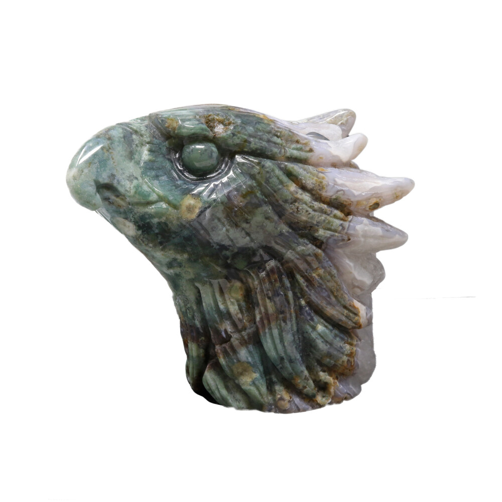 <font size="4"><span style="font-family: "EB Garamond";"><font size="4">Agate Geode Eagle Head Carving - Moss Agate With White Druze Vugs</font></span></font><div style="position: initial; margin: initial; font-family: "EB Garamond";"><font size="4"><br style="position: initial; margin: initial; font-family: "EB Garamond";"></font></div><div style="position: initial; margin: initial; font-family: "EB Garamond";"><p style="margin: initial; font-variant-numeric: normal; font-variant-east-asian: normal; font-stretch: normal; line-height: normal; font-family: "EB Garamond"; color: rgb(0, 0, 0); position: initial;"><b style="position: initial; margin: initial; font-family: "EB Garamond";"><font size="4">Lodolite</font></b><span style="font-size: 1.2rem;"> is a form of</span></p><p style="margin: initial; font-variant-numeric: normal; font-variant-east-asian: normal; font-stretch: normal; line-height: normal; font-family: "EB Garamond"; color: rgb(0, 0, 0); position: initial;"><font size="4">silicon dioxide with natural inclusions that can include chlorite, feldspar</font></p><p style="margin: initial; font-variant-numeric: normal; font-variant-east-asian: normal; font-stretch: normal; line-height: normal; font-family: "EB Garamond"; color: rgb(0, 0, 0); position: initial;"><font size="4">and hematite, as well as other minerals that can create red, orange, cream,</font></p><p style="margin: initial; font-variant-numeric: normal; font-variant-east-asian: normal; font-stretch: normal; line-height: normal; font-family: "EB Garamond"; color: rgb(0, 0, 0); position: initial;"><font size="4">and green colors. These mineral deposits look like underwater scenes,</font></p><p style="margin: initial; font-variant-numeric: normal; font-variant-east-asian: normal; font-stretch: normal; line-height: normal; font-family: "EB Garamond"; color: rgb(0, 0, 0); position: initial;"><font size="4">gardens and landscapes. Lodolite is a great meditation stone. It is said to</font></p><p style="margin: initial; font-variant-numeric: normal; font-variant-east-asian: normal; font-stretch: normal; line-height: normal; font-family: "EB Garamond"; color: rgb(0, 0, 0); position: initial;"><font size="4">bring a quiet and gentle strength to the aura, that helps in overcoming</font></p><p style="margin: initial; font-variant-numeric: normal; font-variant-east-asian: normal; font-stretch: normal; line-height: normal; font-family: "EB Garamond"; color: rgb(0, 0, 0); position: initial;"><font size="4">personal challenges, inspires bravery, and brings loving energies into your</font></p><p style="margin: initial; font-variant-numeric: normal; font-variant-east-asian: normal; font-stretch: normal; line-height: normal; font-family: "EB Garamond"; color: rgb(0, 0, 0); position: initial;"><font size="4">life. Assisting with vibrant energies in the aura to clean the inner soul</font></p><p style="font-variant-numeric: normal; font-variant-east-asian: normal; font-stretch: normal; line-height: normal; font-family: "EB Garamond"; color: rgb(0, 0, 0); position: initial; margin: initial;"><font size="4">along with the surroundings.</font></p></div> Agate Geode Eagle Head Carving - Moss Agate With White Druze Vugs