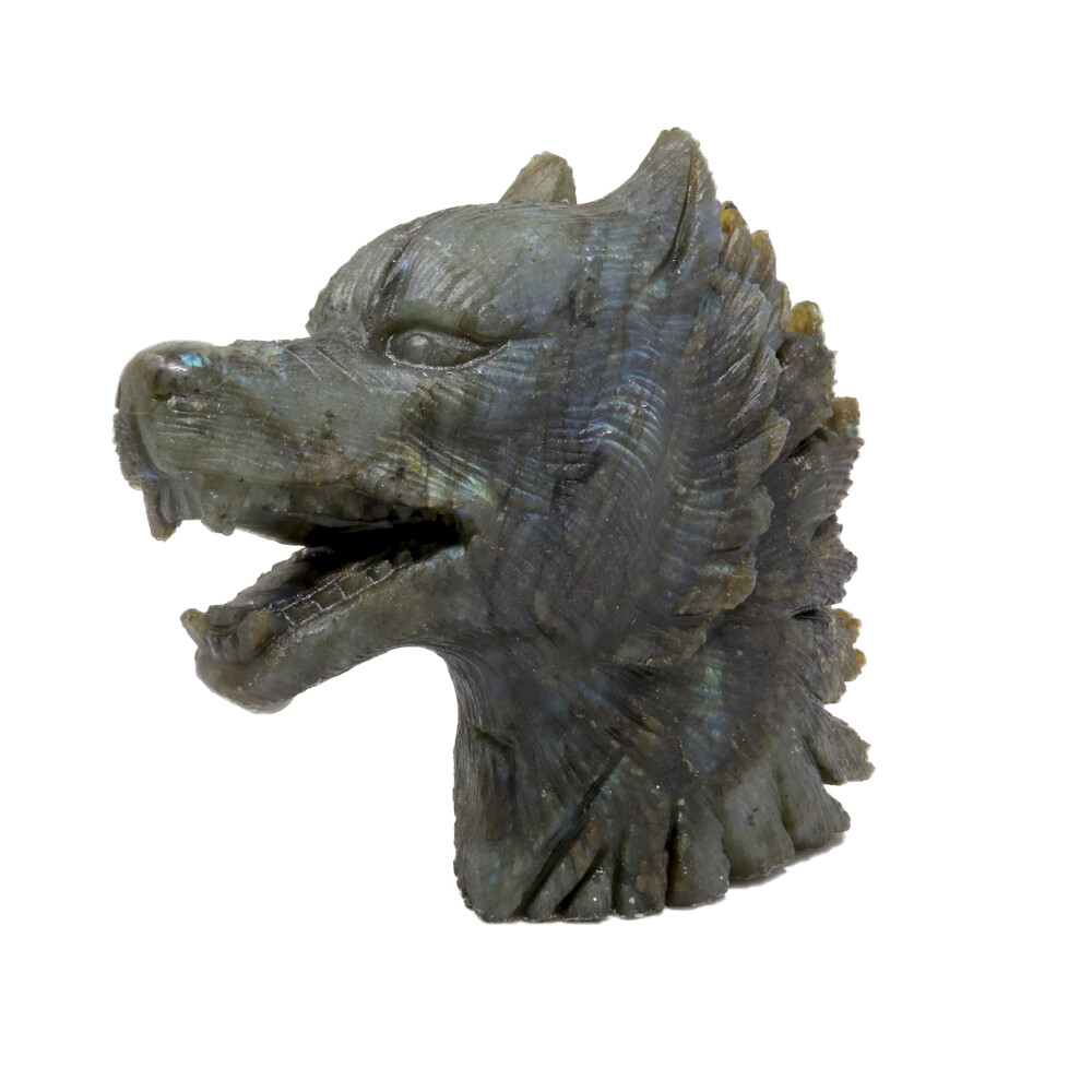 <font size="4"><span style="font-family: "EB Garamond";"><font size="4">Labradorite Wolf Head Carving</font></span></font><div style="position: initial; margin: initial; font-family: "EB Garamond";"><font size="4"><br style="position: initial; margin: initial; font-family: "EB Garamond";"></font></div><div style="position: initial; margin: initial; font-family: "EB Garamond";"><p style="margin: initial; font-variant-numeric: normal; font-variant-east-asian: normal; font-stretch: normal; line-height: normal; font-family: "EB Garamond"; color: rgb(0, 0, 0); position: initial;"><font size="4">“Gem of Voice”</font></p><p style="margin: initial; font-variant-numeric: normal; font-variant-east-asian: normal; font-stretch: normal; line-height: normal; font-family: "EB Garamond"; color: rgb(0, 0, 0); position: initial;"><font size="4"><b style="position: initial; margin: initial; font-family: "EB Garamond";">Labradorite </b>is a form of feldspar with striated tabular crystallization</font></p><p style="margin: initial; font-variant-numeric: normal; font-variant-east-asian: normal; font-stretch: normal; line-height: normal; font-family: "EB Garamond"; color: rgb(0, 0, 0); position: initial;"><font size="4">patterns. Meaning that with the perfect angle of light hitting the fine</font></p><p style="margin: initial; font-variant-numeric: normal; font-variant-east-asian: normal; font-stretch: normal; line-height: normal; font-family: "EB Garamond"; color: rgb(0, 0, 0); position: initial;"><font size="4">layers, an exhilarating feeling can be achieved by the iridescent</font></p><p style="margin: initial; font-variant-numeric: normal; font-variant-east-asian: normal; font-stretch: normal; line-height: normal; font-family: "EB Garamond"; color: rgb(0, 0, 0); position: initial;"><font size="4">reflections that naturally lie within this mysterious stone. Find yours!</font></p><p style="margin: initial; font-variant-numeric: normal; font-variant-east-asian: normal; font-stretch: normal; line-height: normal; font-family: "EB Garamond"; color: rgb(0, 0, 0); position: initial;"><font size="4">With Labradorite’s iridescent and sometimes rainbow-like flashes of</font></p><p style="margin: initial; font-variant-numeric: normal; font-variant-east-asian: normal; font-stretch: normal; line-height: normal; font-family: "EB Garamond"; color: rgb(0, 0, 0); position: initial;"><font size="4">color, it can be very beneficial in uniting all the chakras. While lighter</font></p><p style="margin: initial; font-variant-numeric: normal; font-variant-east-asian: normal; font-stretch: normal; line-height: normal; font-family: "EB Garamond"; color: rgb(0, 0, 0); position: initial;"><font size="4">shades of blue carry the power of flexibility, relaxation, and balance;</font></p><p style="font-variant-numeric: normal; font-variant-east-asian: normal; font-stretch: normal; line-height: normal; font-family: "EB Garamond"; color: rgb(0, 0, 0); position: initial; margin: initial;"><font size="4">darker shades encourage the power of truth. Mined in Madagascar.</font></p></div> Labradorite Wolf Head Carving