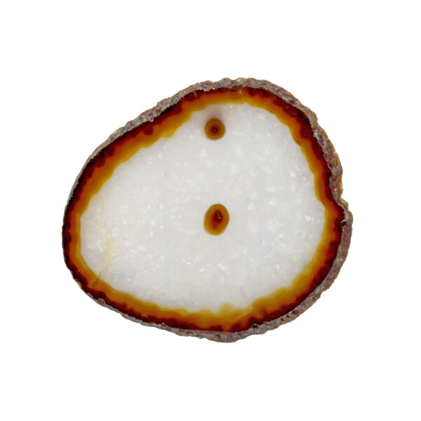 Closeup photo of Agate Slice With Thin Caramel Banding With White Opaque Crystal And Caramel Spot With Acrylic Stand