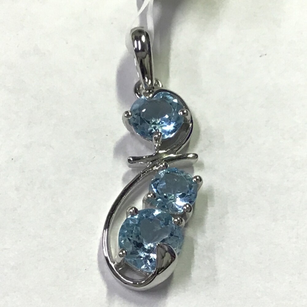 Blue Topaz Pendant - Three Faceted Rounds With Delicate Silver Filigree Swirls - Prong Set