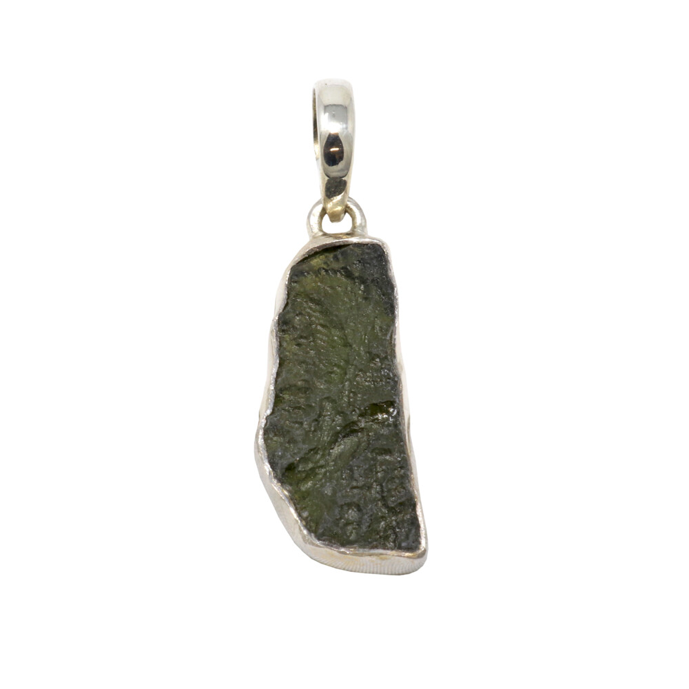 <span style="font-family: "EB Garamond"; position: initial; margin: initial;"><font style="position: initial; margin: initial; font-family: "EB Garamond";" size="4">Moldavite Pendant - Tubular Freeform With Silver Bezel</font></span><div style="position: initial; margin: initial; font-family: "EB Garamond";"><span style="color: rgb(0, 0, 0); font-family: "EB Garamond"; white-space: pre-wrap; position: initial; margin: initial;"><font style="font-family: "EB Garamond";" size="4">Moldavite is a very intriguing and powerful crystal. It was created by a massive meteorite impact in the Czechoslovakia region around 15 million years ago! Moldavite is often experienced as a tingling in the hand that spreads to the whole body, and many feel an intense heat when holding or wearing it for the first time. With colors ranging from olive to forest green to blue-green, this highly energetic stone is known to hold a very high vibration and to be a powerful aid in healing. Coupled with other crystals, moldavite can raise their vibrations and create an even more potent overall healing vibration. This crystal is an amazing tool for spiritual growth, as well as connecting one to other worlds and dimensions. Using moldavite in meditation can help stimulate and awaken psychic abilities, and it is also a powerful source of protection from any negative or imbalanced energies. A stone of rapid shifts and transformation, moldavite makes an excellent crystal companion for anyone on the path of spiritual awakening!</font></span><span style="font-family: "EB Garamond"; position: initial; margin: initial;"><font size="4" style="position: initial; margin: initial;"><br style="position: initial; margin: initial;"></font></span></div> Moldavite Pendant - Tubular Freeform With Silver Bezel