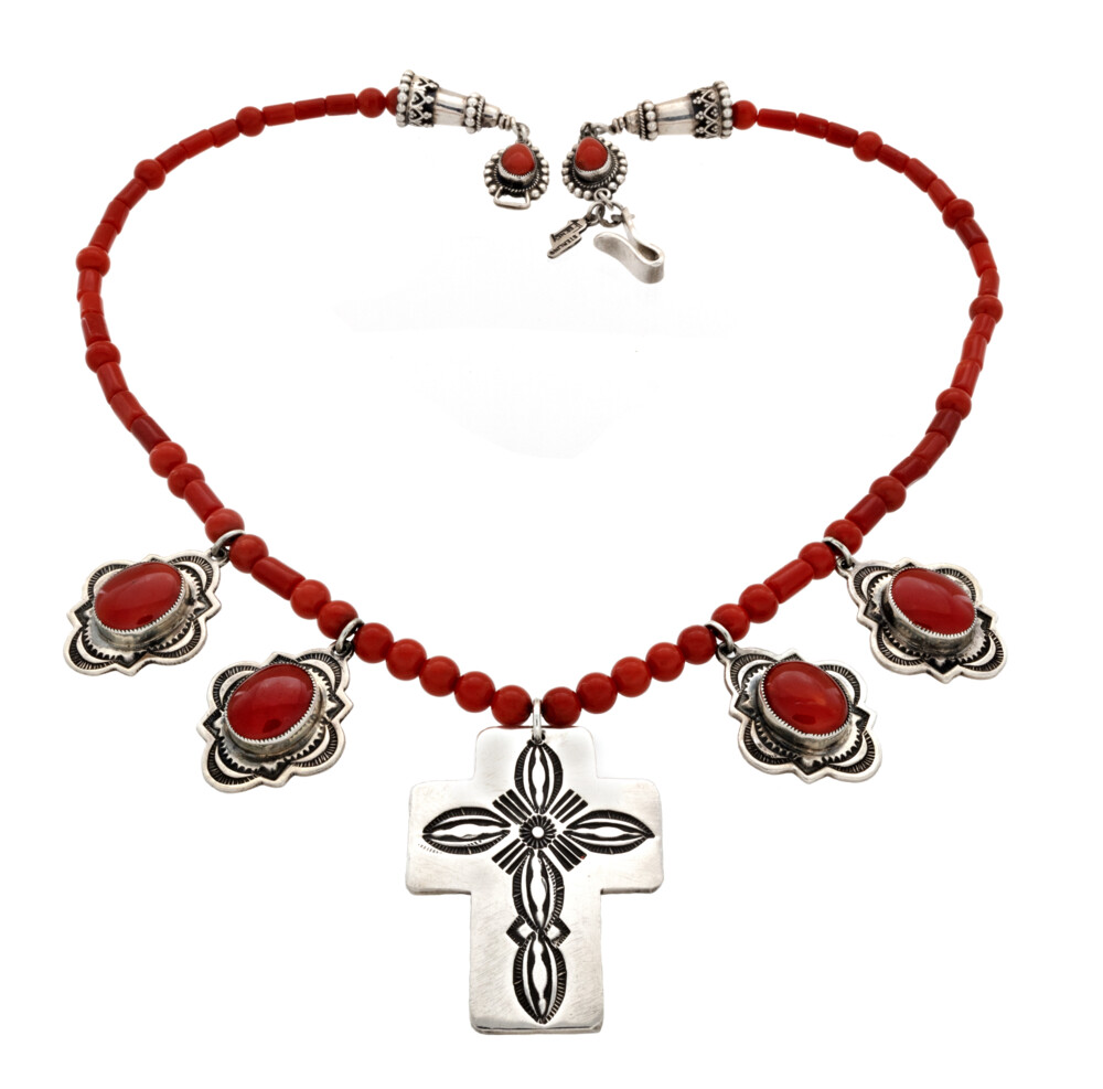 <span style="font-family: "EB Garamond"; color: rgb(0, 0, 0);"><font style="font-family: "EB Garamond"; color: rgb(0, 0, 0);" size="4">Coral Beaded Necklace - Silver Stamped Cross With 4 Oval Cabochons With Ornate Stamped Bezel Edges & Beaded Lantern Slide Tube Top</font></span><div style="font-family: "EB Garamond"; color: rgb(0, 0, 0);"><font style="font-family: "EB Garamond"; color: rgb(0, 0, 0);" size="4"><font face="EB Garamond" style="font-family: "EB Garamond"; color: rgb(0, 0, 0);">Mediterranean Red Coral is most commonly found in the Mediterranean Sea, Sea of Japan, Canary Isles & Bay of Biscay. There are many different colors of Coral with the Red Coral being the mot valuable of all the varieties of Coral. It is a symbol of modesty, wisdom, happiness & </font><font face="EB Garamond" style="font-family: "EB Garamond"; color: rgb(0, 0, 0);"><span style="font-family: "EB Garamond"; color: rgb(0, 0, 0);">immorality</span></font><font face="EB Garamond" style="font-family: "EB Garamond"; color: rgb(0, 0, 0);">. The vibrant red hue represents our vitalizing life energy. </font></font></div> Coral Beaded Necklace - Silver Stamped Cross With 4 Oval Cabochons With Ornate Stamped Bezel Edges & Beaded Lantern Slide Tube Top