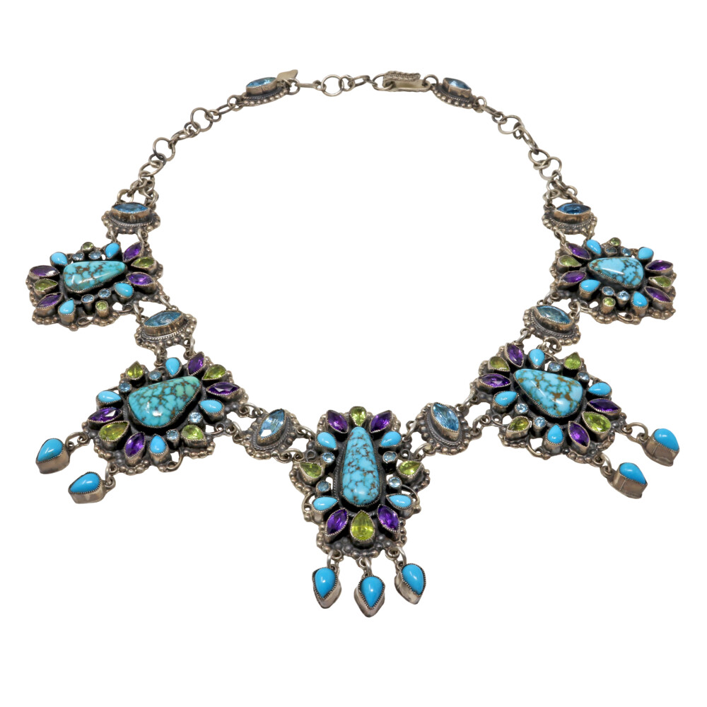 Turquoise Necklace - Freeform Cabochons With Amethyst & Blue Topaz With Peridot On 5 Linked Pieces