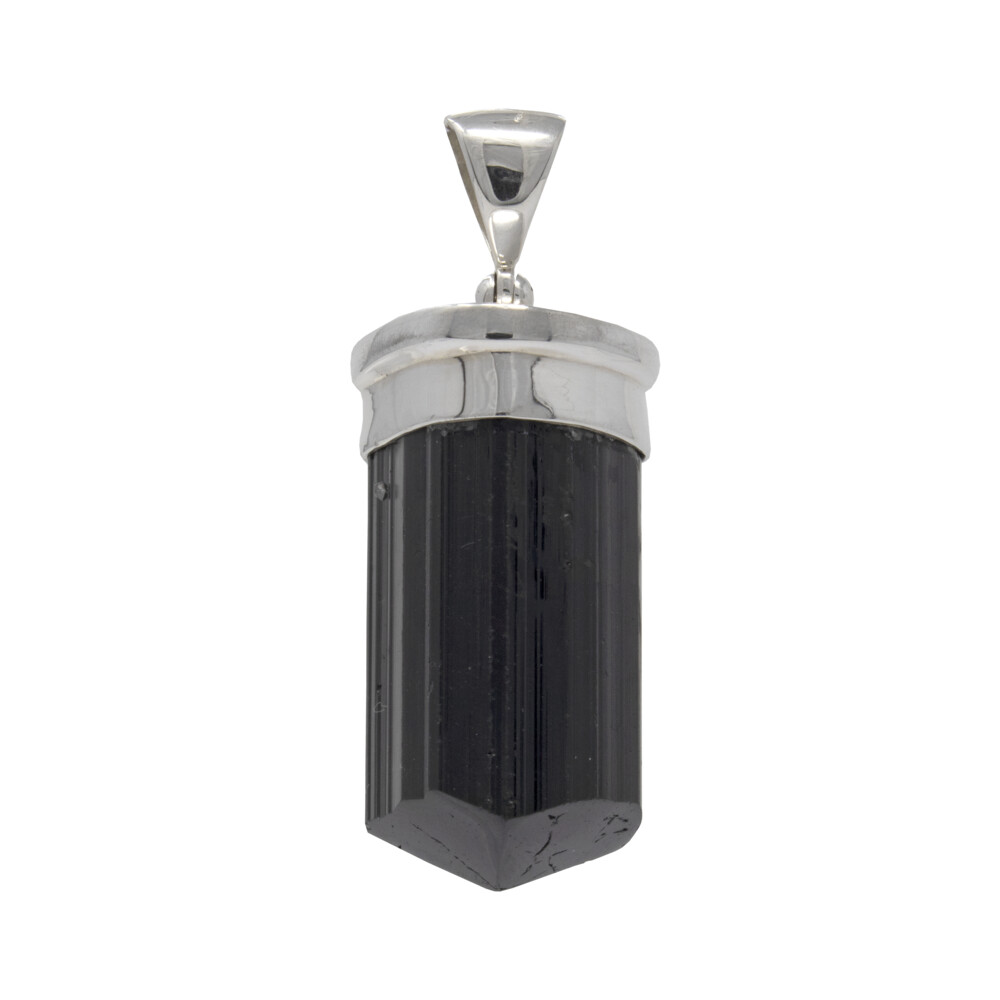 Black Tourmaline Pendant - Crystal With Silver Lantern Top Bezel