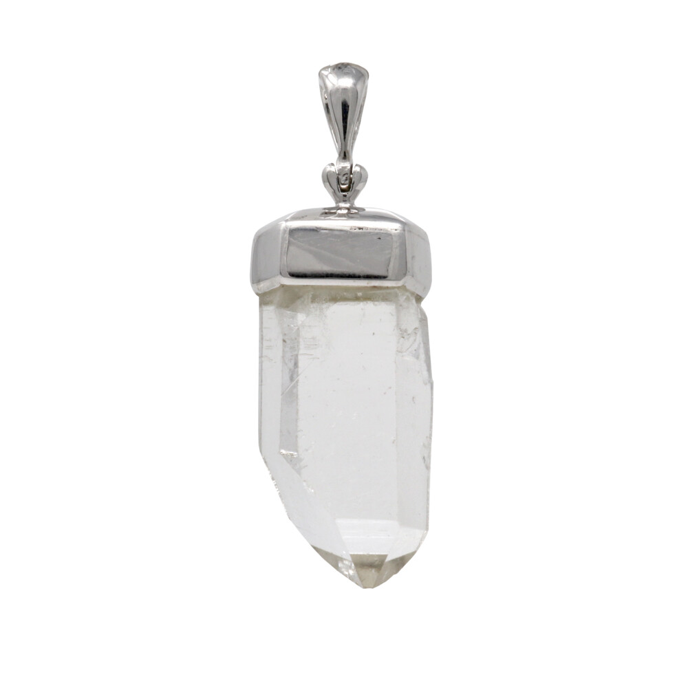 Quartz Crystal Point Pendant - Wide Single Point With Silver Bezel - Rhodium Plated