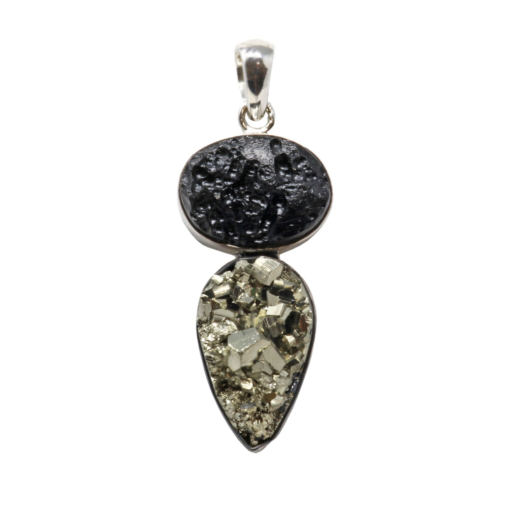 <span style="font-family: "EB Garamond";"><font size="4">Peruvian Pyrite Pendant - Pear With Rough Tektite Oval On Top With Silver Bezel</font></span> Peruvian Pyrite Pendant - Pear With Rough Tektite Oval On Top With Silver Bezel