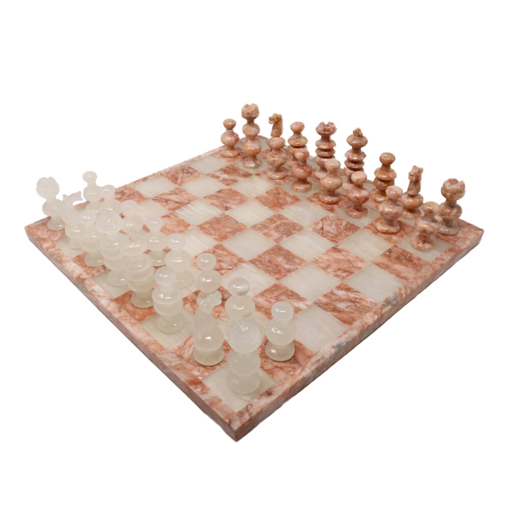 <span style="font-family: "EB Garamond"; position: initial; margin: initial;"><font size="4" style="position: initial; margin: initial;">Onyx Chess Set Pink / White</font></span><div style="position: initial; margin: initial;"><div style="position: initial; margin: initial; font-family: "EB Garamond"; color: rgb(0, 0, 0);"><font style="font-size: 1.2rem; line-height: 22px; position: initial; margin: initial;"><span style="position: initial; margin: initial;">Whether you use this chess table as decoration or use it to its full potential in a challenging game of chess, a fun board game for the whole family! Challenge your mind and create your own strategies with one of the most well-known board games out there. The origin of chess remains a matter of controversy. There is no credible evidence that chess existed in a form approaching the modern game before the 6th century </span><span style="text-transform: uppercase; position: initial; margin: initial;">CE</span><span style="position: initial; margin: initial;">. Game pieces found in </span><a href="https://www.britannica.com/place/Russia" style="color: rgb(0, 0, 0); position: initial; margin: initial;">Russia</a><span style="position: initial; margin: initial;">, </span><a href="https://www.britannica.com/place/China" style="color: rgb(0, 0, 0); position: initial; margin: initial;">China</a><span style="position: initial; margin: initial;">, </span><a href="https://www.britannica.com/place/India" style="color: rgb(0, 0, 0); position: initial; margin: initial;">India</a><span style="position: initial; margin: initial;">, </span><a href="https://www.britannica.com/topic/history-of-Central-Asia-102306" style="color: rgb(0, 0, 0); position: initial; margin: initial;">Central Asia</a><span style="position: initial; margin: initial;">, </span><a href="https://www.britannica.com/place/Pakistan" style="color: rgb(0, 0, 0); outline: 0px; position: initial; margin: initial;">Pakistan</a><span style="position: initial; margin: initial;">, and elsewhere that have been determined to be older than that are now regarded as coming from earlier distantly related board </span><a href="https://www.britannica.com/topic/game-recreation" style="color: rgb(0, 0, 0); position: initial; margin: initial;">games</a><span style="position: initial; margin: initial;">, often involving </span><a href="https://www.britannica.com/topic/dice" style="color: rgb(0, 0, 0); position: initial; margin: initial;">dice</a><span style="position: initial; margin: initial;"> and sometimes using playing boards of 100 or more squares.<font style="font-size: 1.2rem; line-height: 22px; position: initial; margin: initial;"> </font></span></font><span style="position: initial; margin: initial;"><font style="font-size: 1.2rem; line-height: 22px; position: initial; margin: initial;"><span style="position: initial; margin: initial;"><font style="font-size: 1.2rem; line-height: 22px; position: initial; margin: initial;">Onyx is an excellent stone for stressful or challenging situations as it gives us strength and support. It’s soothing qualities alleviate fear and worries and encourage wise decision-making. Onyx is known to increase happiness, intuition and good fortune. It is known to help us change bad habits and keep emotions under control. Onyx helps us to focus and stay grounded</font></span><span style="font-size: 14px; position: initial; margin: initial;">.</span></font></span></div><div style="position: initial; margin: initial; font-family: "EB Garamond"; color: rgb(0, 0, 0);"><span style="position: initial; margin: initial;"><font style="font-size: 1.2rem; line-height: 22px; position: initial; margin: initial;"><span style="font-size: 14px; position: initial; margin: initial;"><br style="position: initial; margin: initial;"></span></font></span></div><div style="position: initial; margin: initial; font-family: "EB Garamond"; color: rgb(0, 0, 0);"><span style="position: initial; margin: initial;"><font style="font-size: 1.2rem; line-height: 22px; position: initial; margin: initial;"><span style="font-size: 14px; position: initial; margin: initial;"><span style="font-size: 16.8px; position: initial; margin: initial;">As this is a one of a kind item made from stone, no two are alike. Please allow for variations in color and design in the piece that you receive. Your satisfaction is 100% guaranteed.</span><br style="position: initial; margin: initial;"></span></font></span></div></div> Onyx Chess Set Pink / White