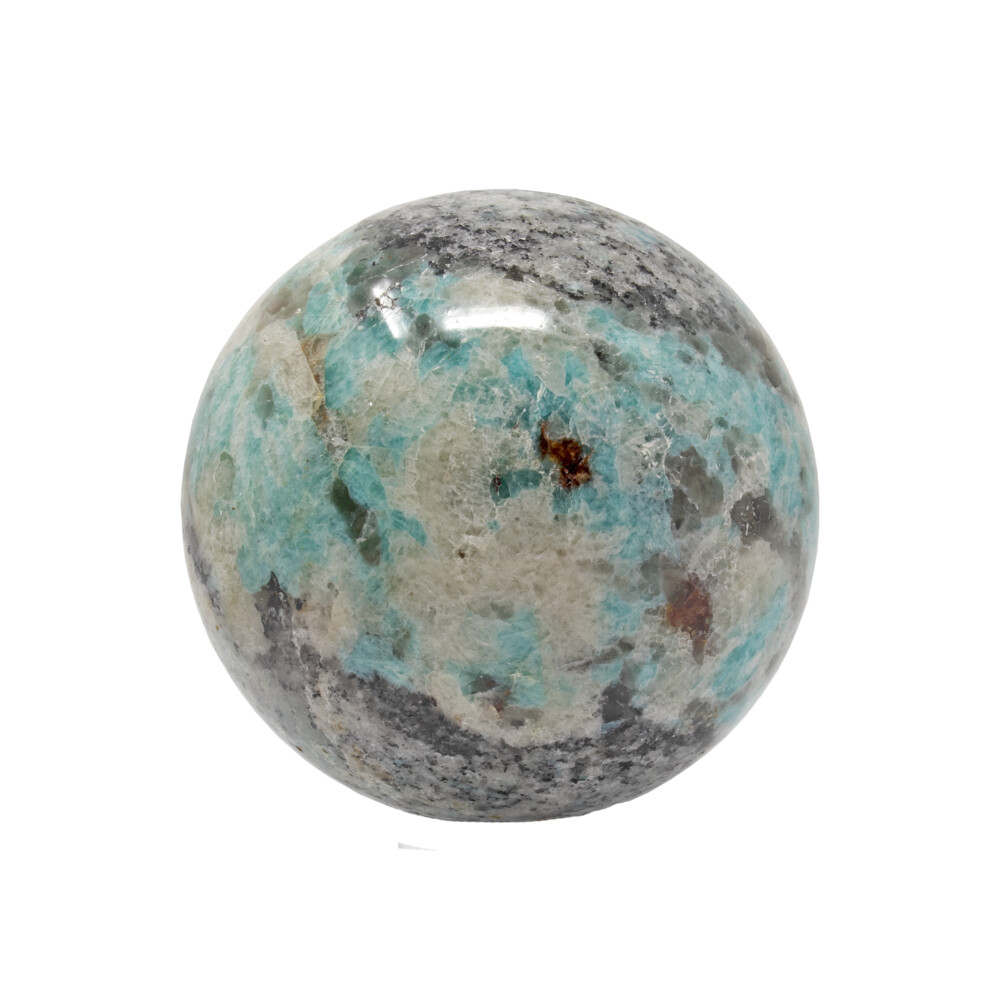 <span style="font-family: "EB Garamond"; position: initial; margin: initial;"><font size="4" style="position: initial; margin: initial;">Amazonite Sphere On Ring Stand. This Amazonite sphere is a great specimen that represents the aquatic beauty of the Amazonite stone. Along with the cool charcoal gray matrix that tones down the vibrant teal, this sphere would be the perfect subtle accent piece that brings a bright blue pop of color to any living space. Amazonite is a very ancient gemstone that's known for its beauty and healing properties. It has been around for centuries, and it has been widely used to make statues, amulets and jewelry. The stone's name is derived from the largest river in South America, the Amazon river. This stone is also known as the Amazon stone. Because of its resemblance to Jade, Amazonite is also sometimes called Pikes Peak or Colorado Jade. Amazonite is a silicate that's usually a pale green color, but there are also gem-quality Amazonite stones that are a lively opaque green, blue-green, yellow-green or a turquoise blue hue.</font></span><div style="position: initial; margin: initial;"><p style="position: initial; margin: initial;"><span style="font-size: 12.5pt; line-height: 107%; font-family: "EB Garamond"; color: black; background-image: initial; background-position: initial; background-size: initial; background-repeat: initial; background-attachment: initial; background-origin: initial; background-clip: initial; position: initial; margin: initial;">Please Note: due to the nature of
gemstones, carving may slightly vary in size, color and shape. If you have any
questions about your purchased, please contact with us, we will try our best to
serve for you.</span><o:p style="position: initial; margin: initial;"></o:p></p></div> Amazonite Sphere On Ring Stand
