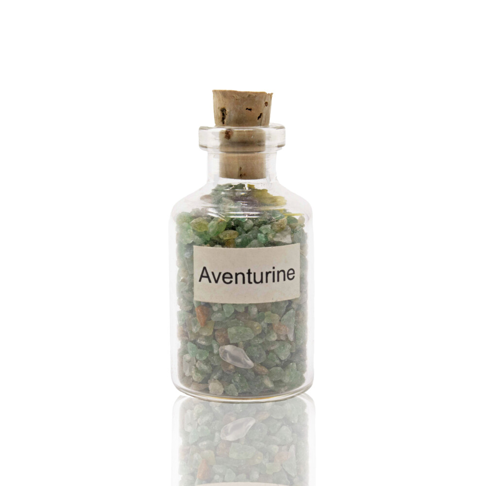 <span style="font-family: "EB Garamond"; font-size: 16.8px; position: initial; margin: initial;">This small cork bottle has gorgeous tumbled Aventurine stones inside. Aventurine is a form of quartz comprised of small crystals that reflect light. This crystal is found in Brazil, India, Russia, the USA, Japan, and Tanzania. This is a gentle stone that's said to benefit one in all areas of creativity, imagination, as well as intellect and mental clarity. It's winning energy makes a great ally by aligning conditions where opportunity is inevitable. Aventurine is the secondary birthstone of August making this a perfect gift to your fall-born loved ones! </span><br style="position: initial; margin: initial;"><div><span style="font-family: "EB Garamond"; font-size: 16.8px; position: initial; margin: initial;">Please note: Due to the nature of gemstones, each mineral specimen may slightly vary in size, shape or color. If you have any questions, please contact us and we will try our best to assist you. </span></div> Individual Gemstone Bottle -Aventurine