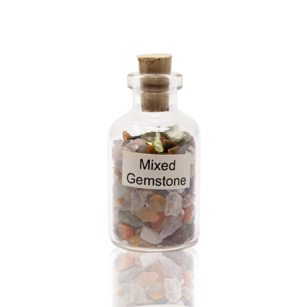 <span style="font-family: "EB Garamond"; font-size: 16.8px; position: initial; margin: initial;">This small cork bottle has a gorgeous assortment of tumbled stones inside. This is a good choice if you simply can't decide what gemstone chip bottle you'd like as it has many colors and a variety of crystals. It would make a perfect gift for all ages!</span><br style="position: initial; margin: initial;"><div><span style="font-family: "EB Garamond"; font-size: 16.8px; position: initial; margin: initial;">Please note: due to the nature of gemstones, each mineral specimen may slightly vary in size, color and shape. If you have any questions about your purchase, please contact us and we will try our best to assist you.</span></div> Individual Gemstone Bottle -Mix Gem