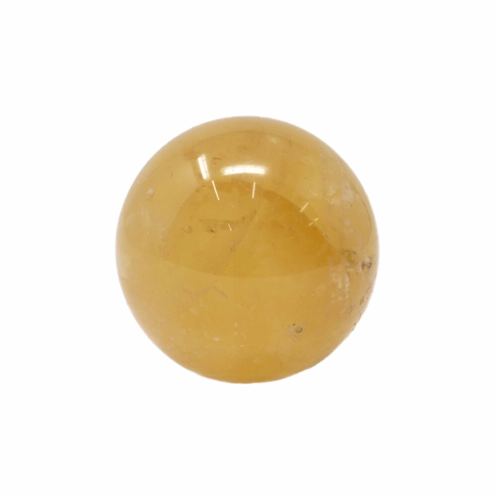 <span style="font-family: "EB Garamond"; font-size: 16.8px; position: initial; margin: initial;">Calcite is a calcium carbonate mineral, often found as a secondary crystal inside geodes formed on top of quartz. Calcite crystals are sometimes found in the earth independently. Coloration ranges from natural white to a deep orange hue and a host of various colors, depending on the trace minerals the calcite encounters. The crystal structure of calcite is hexagonal but terminates in many ways. It may sometimes be confused with quartz, though it has a more viscous texture. This calcite sphere has a pale yellow color with some stripes of orange and flecks of Dendrite. Dendrite brings balance and mental focus while Calcite is beneficial for study, motivation, and emotional stress making this a suiting gift for yourself and your loved ones alike. </span><br style="position: initial; margin: initial;"> Golden Calcite Sphere - Flecks Of Dendrite