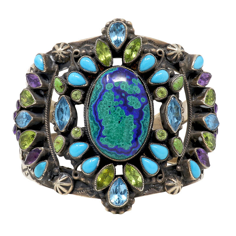 <span></span><font face="EB Garamond">Leo Feeney <span style="font-size: 16.8px;">Botryoidal</span> Malachite-azurite Cuff With Sleeping Beauty Turquoise & Peridot & Blue Topaz & Green Turquoise & Amethyst</font> Leo Feeney Botryoidal Malachite-Azurite Cuff With Sleeping Beauty Turquoise, Peridot, Blue Topaz, Green Turquoise & Amethyst