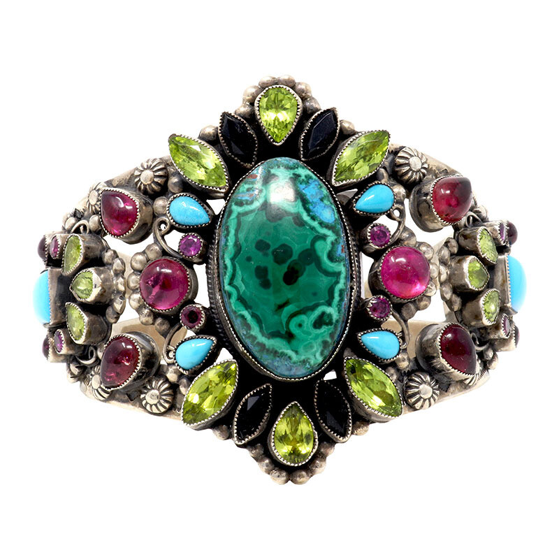 <span></span><span style="font-family: "EB Garamond";">Leo Feeney Malachite & Chrysocolla Cuff With Peridot & Pink Tourmaline & Sleeping Beauty Turquoise & Garnet & Black Onyx</span> Leo Feeney Malachite & Chrysocolla Cuff With Peridot, Pink Tourmaline, Sleeping Beauty Turquoise, Garnet & Black Onyx