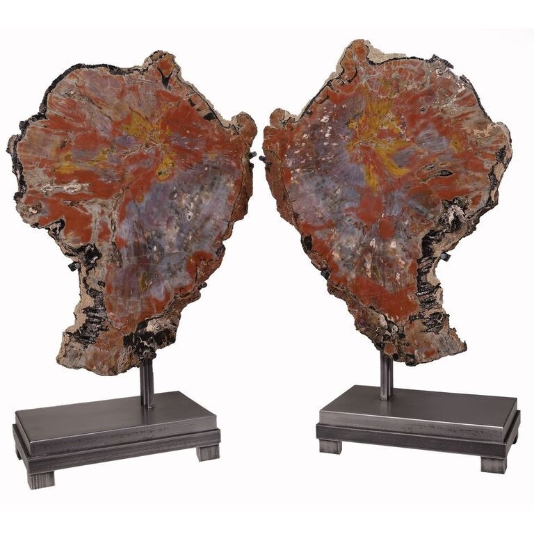 <font size="4"><span style="font-family: "EB Garamond";"><font size="4">Polished Arizona Petrified Wood on Custom Stand. Museum Quality Book Matched Petrified Wood Slices on Hand Crafted Metal Bases. Highly colorful and Rich with Vibrant Flowing Patterns are truly captivating to all that see these beautiful specimen. Perfect for any collector or art enthusiasts.</font></span> </font> Arizona Petrified Wood Wing Pair On Separate Custom Stands