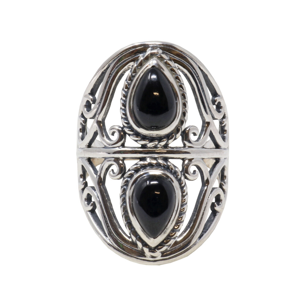 <div style="position: initial; margin: initial; font-family: "EB Garamond";"><font size="4"><font style="line-height: 22px; position: initial; margin: initial; font-family: "EB Garamond";">Black Onyx is a banded variety of the oxide mineral Chalcedony, colors may range from white to almost every shade of color (exemption of purples and bright blues.) Due to its natural hardness, onyx has been used and treasured for centuries. Utilized in traditional cameo carvings and as amulets. Authentically known as Sard Onyx, containing bands of black and white. Primarily associated with the root chakra, Black Onyx can assist with life changes, especially due to energy draining </font><font style="position: initial; margin: initial; font-family: "EB Garamond";">circumstances</font><font style="line-height: 22px; position: initial; margin: initial; font-family: "EB Garamond";">. It prevents the draining away of personal energy and can be used for such protection. </font></font></div><div style="position: initial; margin: initial; font-family: "EB Garamond";"><font style="line-height: 22px; position: initial; margin: initial; font-family: "EB Garamond";" size="4">Ring Size 7</font></div> Black Onyx Ring - 2 Pears Size 7