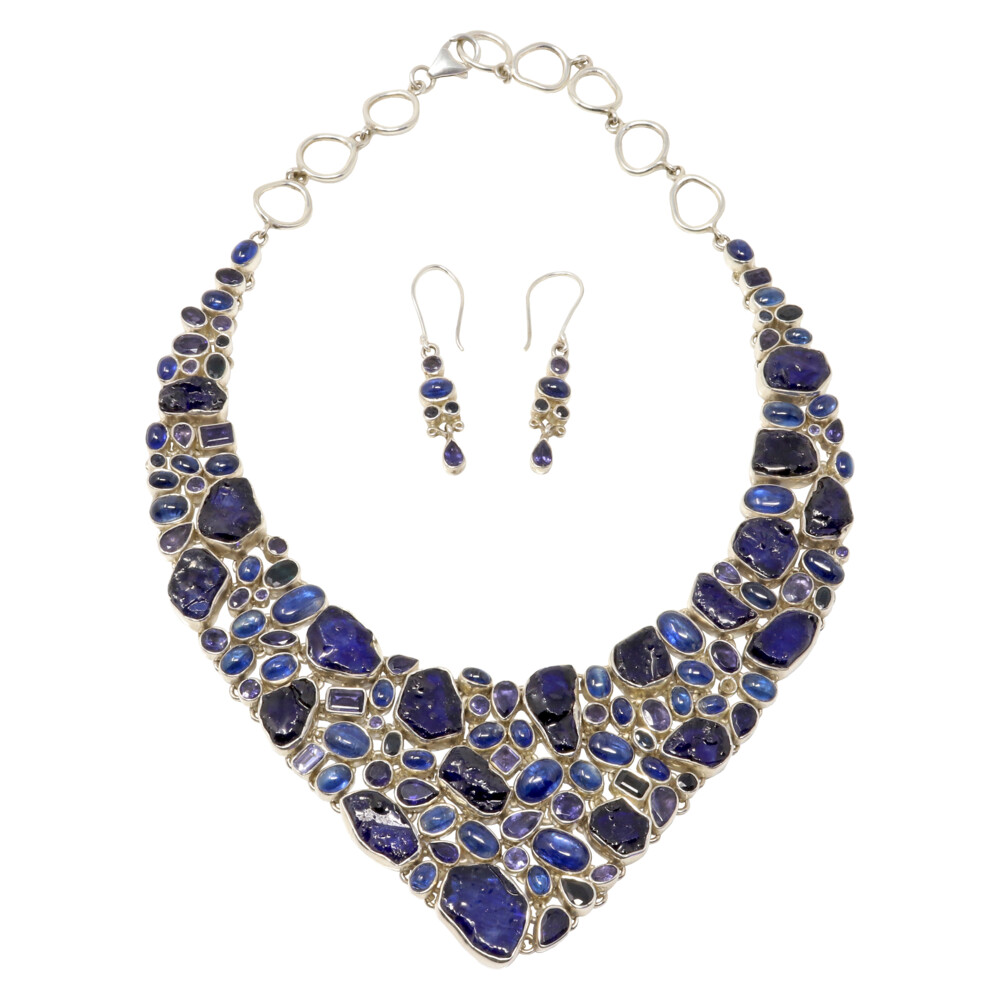 Blue Sapphire Nuggets With Kyanite & Faceted Iolite Set - Necklace With Dangle Earrings