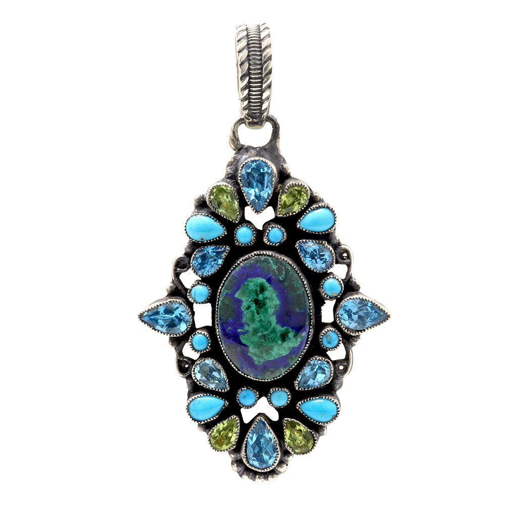 <span></span><span style="font-family: "EB Garamond";"><font size="4">Leo Feeney Azurite & Chatoyant Malachite Pendant With Blue Topaz & Sleeping Beauty Turquoise & Peridot. Each and every Leo Feeney piece is a piece of art. With the intricate stamped bezels and variety of vibrant high quality stones, hand-picked for each piece from Feeney's private collection of gems and minerals. No matter which piece you get, from pendants, cuffs, earrings, rings, necklaces or bracelets, you are getting a custom-made handcrafted piece of jewelry that embodies luxury while creating that western appeal that is so lusted over. Each individual stone has unique metaphysical properties and energies, aiding in different aspects of your life. </font></span><div style="font-family: "EB Garamond";"><span style="font-family: "EB Garamond";"><font size="4">Malachite: Empathy & Responsibility</font></span></div><div style="font-family: "EB Garamond";"><span style="font-family: "EB Garamond";"><font size="4">Azurite: Clarity & Warrior Spirit</font></span></div><div style="font-family: "EB Garamond";"><span style="font-family: "EB Garamond";"><font size="4">Blue Topaz: Self-confidence & Reflection</font></span></div><div style="font-family: "EB Garamond";"><span style="font-family: "EB Garamond";"><font size="4">Turquoise: Master Healer</font></span></div><div style="font-family: "EB Garamond";"><span style="font-family: "EB Garamond";"><font size="4">Peridot: Growth & Renewal </font></span></div> Leo Feeney Azurite & Chatoyant Malachite Pendant With Blue Topaz, Sleeping Beauty Turquoise & Peridot
