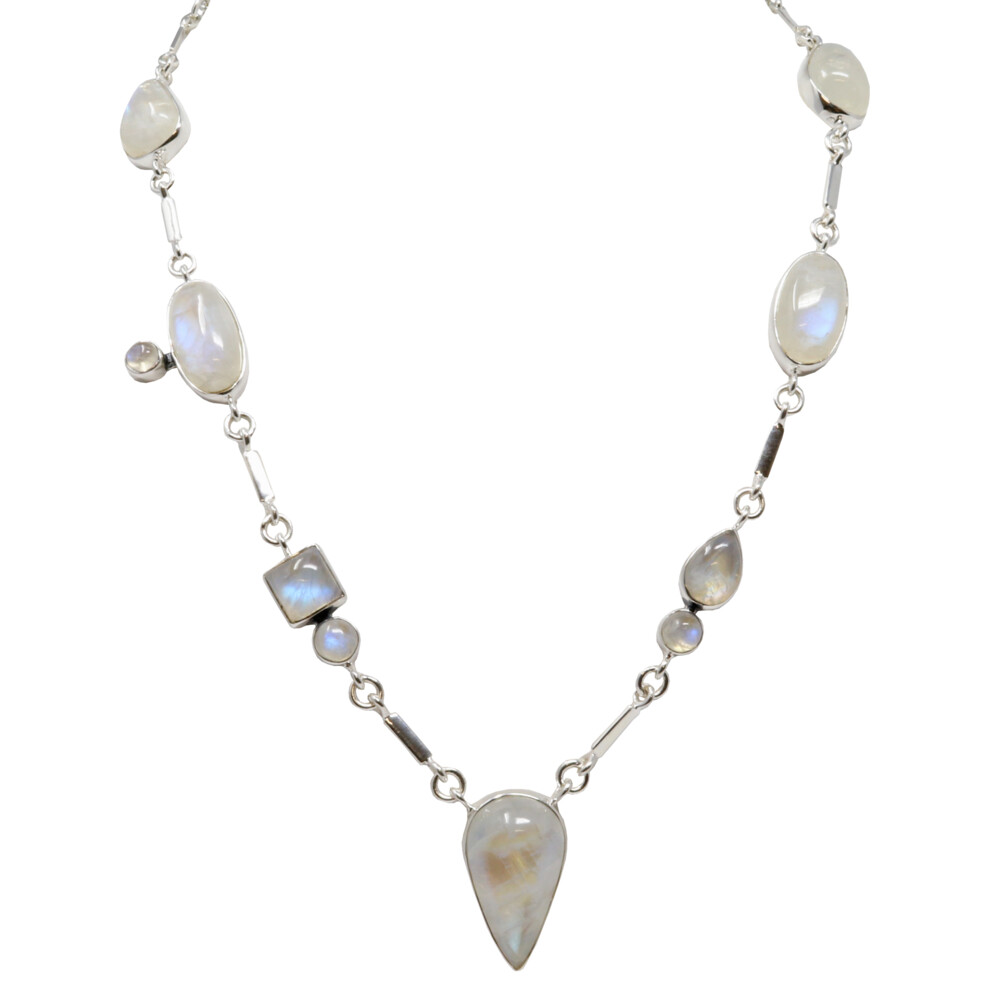 <span style="font-family: "EB Garamond";"><font size="4">Rainbow Moonstone Necklace - Geometric Cabochons With Silver Bar Links</font></span> Rainbow Moonstone Necklace - Geometric Cabochons With Silver Bar Links