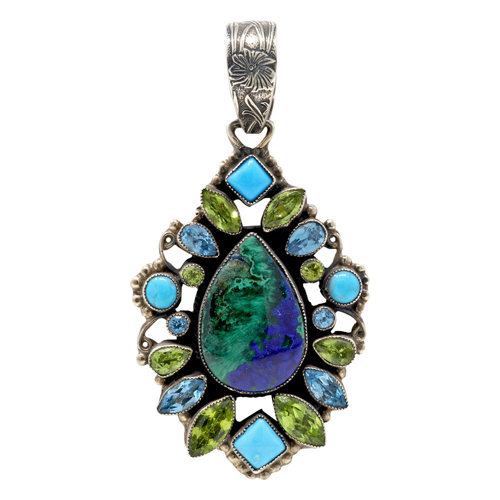 <span style="position: initial; margin: initial;"></span><font size="4"><span style="font-family: "EB Garamond"; position: initial; margin: initial;">Leo Feeney Chatoyant Malachite-azurite Pendant With Sleeping Beauty Turquoise & Peridot & Blue Topaz. </span><span style="font-family: "EB Garamond"; position: initial; margin: initial;">Each and every Leo Feeney piece is a piece of art. With the intricate stamped bezels and variety of vibrant high quality stones, hand-picked for each piece from Feeney's private collection of gems and minerals. No matter which piece you get, from pendants, cuffs, earrings, rings, necklaces or bracelets, you are getting a custom-made handcrafted piece of jewelry that embodies luxury while creating that western appeal that is so lusted over. Each individual stone has unique metaphysical properties and energies, aiding in different aspects of your life. Leo Feeney is an Arizona native who has a special passion for creating art through jewelry. His creative mind and workmanship makes him an amazing silver smith and jeweler.</span></font> Leo Feeney Chatoyant Malachite-Azurite Pendant With Sleeping Beauty Turquoise, Peridot & Blue Topaz