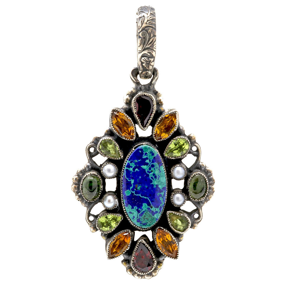 <span style="position: initial; margin: initial;"></span><font size="4"><span style="font-family: "EB Garamond"; position: initial; margin: initial;">Leo Feeney Azurite-malachite Pendant With Garnet & Citrine & Peridot & Pearl & Green Tourmaline. </span><span style="font-family: "EB Garamond"; position: initial; margin: initial;">Each and every Leo Feeney piece is a piece of art. With the intricate stamped bezels and variety of vibrant high quality stones, hand-picked for each piece from Feeney's private collection of gems and minerals. No matter which piece you get, from pendants, cuffs, earrings, rings, necklaces or bracelets, you are getting a custom-made handcrafted piece of jewelry that embodies luxury while creating that western appeal that is so lusted over. Each individual stone has unique metaphysical properties and energies, aiding in different aspects of your life. </span></font> Leo Feeney Azurite-malachite Pendant With Garnet, Citrine, Peridot, Pearl & Green Tourmaline
