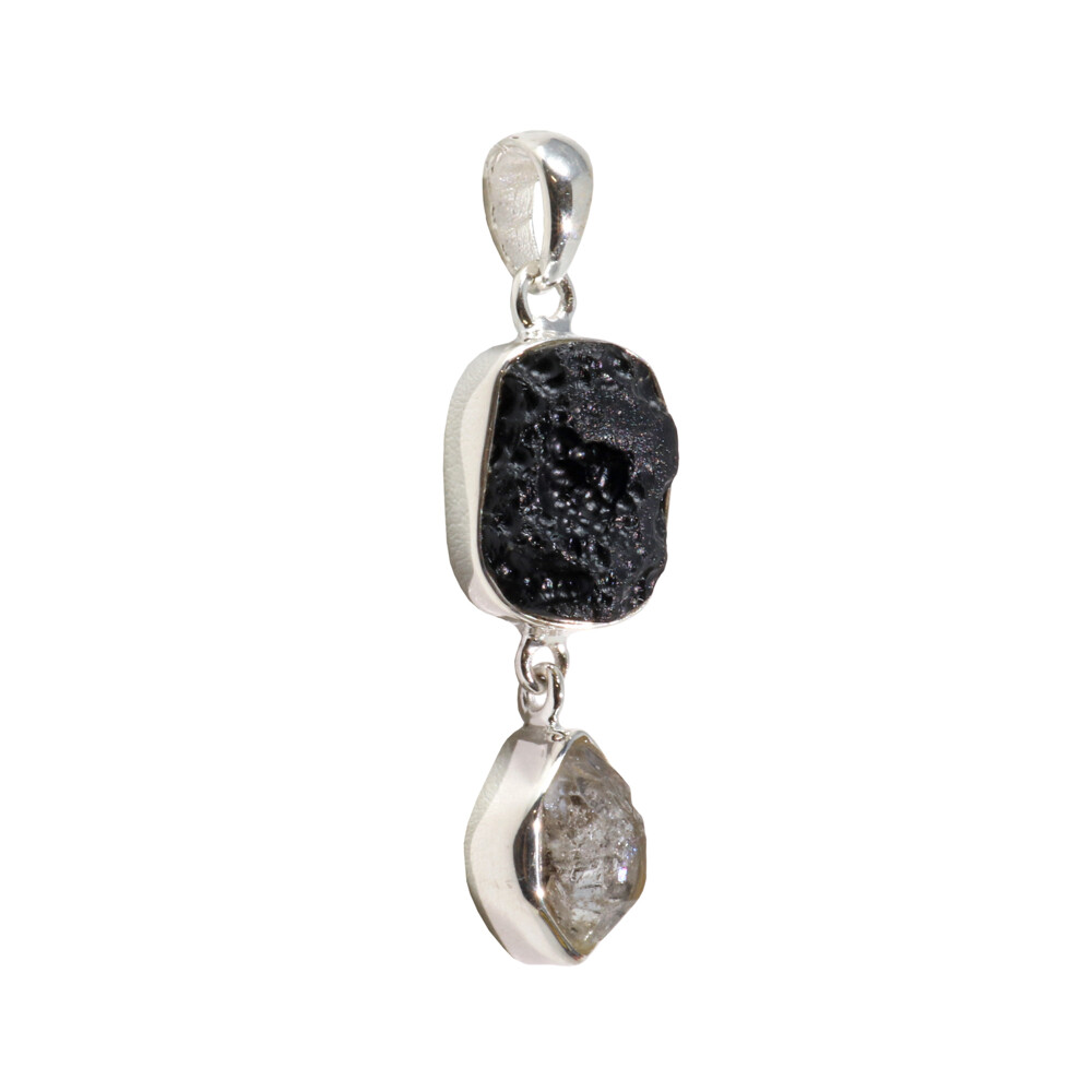 Tibetan Tektite Natural Black Pendant With Herkimer Diamond