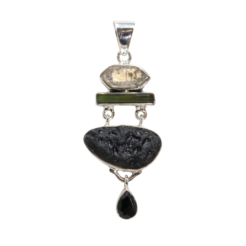 Tibetan Tektite Natural Black Pendant With Herkimer Diamond & Green Tourmaline & Black Onyx