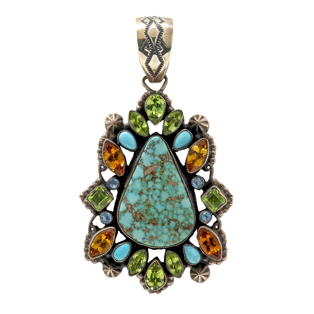 <span style="position: initial; margin: initial;"></span><font size="4"><span style="font-family: "EB Garamond"; position: initial; margin: initial;">Leo Feeney Royston Turquoise Pendant -Droplet With Citrine & Peridot & Blue Topaz. </span><span style="font-family: "EB Garamond"; position: initial; margin: initial;">Each and every Leo Feeney piece is a piece of art. With the intricate stamped bezels and variety of vibrant high quality stones, hand-picked for each piece from Feeney's private collection of gems and minerals. No matter which piece you get, from pendants, cuffs, earrings, rings, necklaces or bracelets, you are getting a custom-made handcrafted piece of jewelry that embodies luxury while creating that western appeal that is so lusted over. Each individual stone has unique metaphysical properties and energies, aiding in different aspects of your life. </span></font><div style="font-family: "EB Garamond";"><span style="font-family: "EB Garamond"; position: initial; margin: initial;"><font size="4">Turquoise: Master Healer</font></span></div><div style="font-family: "EB Garamond";"><span style="font-family: "EB Garamond"; position: initial; margin: initial;"><font size="4">Citrine: Success & Power</font></span></div><div style="font-family: "EB Garamond";"><span style="font-family: "EB Garamond"; position: initial; margin: initial;"><font size="4">Peridot: Growth & Renewal </font></span></div><div style="font-family: "EB Garamond";"><span style="font-family: "EB Garamond"; position: initial; margin: initial;"><font size="4">Blue Topaz: Self-Confidence & Reflection</font></span></div> Leo Feeney Royston Turquoise Pendant -Droplet With Citrine, Peridot & Blue Topaz