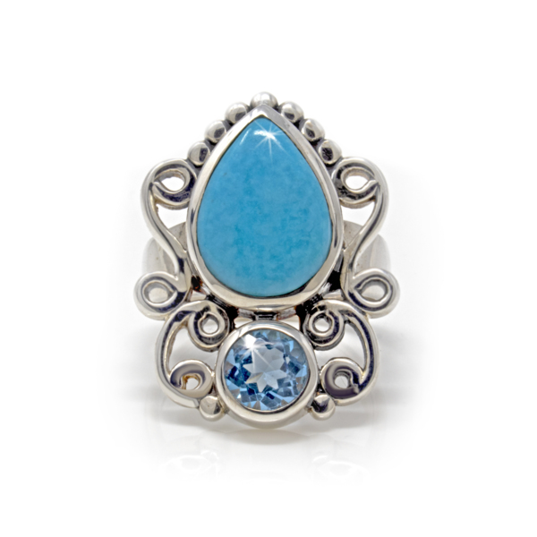 Closeup photo of Mexican Turquoise Ring Size 7 - Pear With Round Blue Topaz