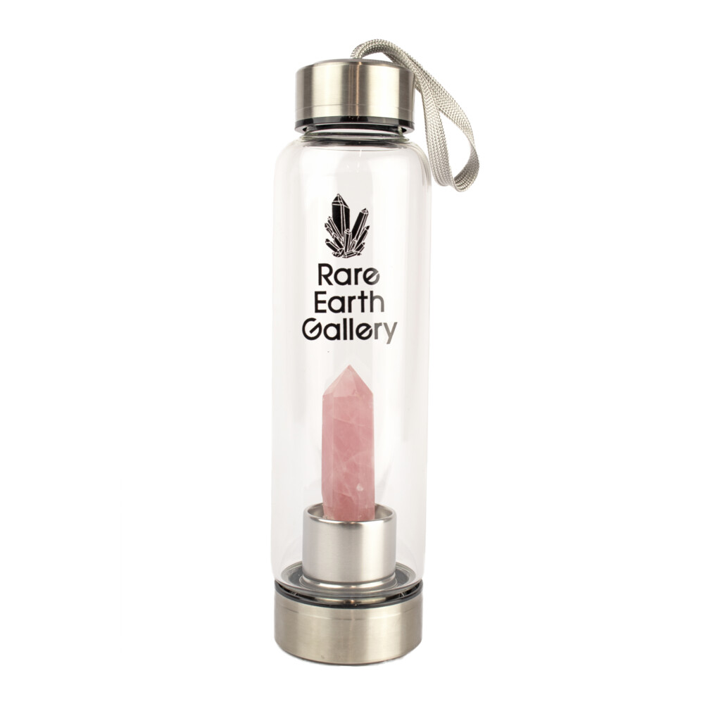 <span style="font-family: "EB Garamond";"><font size="4">Rose Quartz Point Water Bottle With Sleeve. Don't miss the chance to have the convience of having both hydration and powerful crystal vibrations all in one! With this Rare Earth Gallery Rose Quartz Point Water Bottle you can combine the human necessity for fresh hydration & add the healing energies that infuse the water & atmosphere around it. Rose Quartz is known for unconditional & universal love, joy, empathy, relaxation, cleansing & clear communication in all relationships. Bring the warm, loving energy into your life with this cute water bottle that will also remind you to drink your water! </font></span> Rose Quartz Point Water Bottle With Sleeve