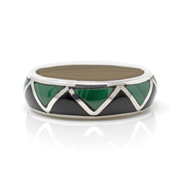 Closeup photo of Black Onyx & Malachite Inlay Ring Size 9 - All Around Triangle Inlay With Silver Zig-zag Channeling