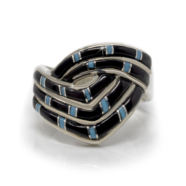 Closeup photo of Black Onyx & Turquoise Inlay Ring Size 8 - Multi Layered Cabochon Strip Chevron Pattern With Rectangular Turquoise Inlay & Silver Channeling