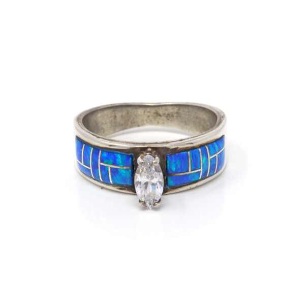 Closeup photo of Blue Opal Ring Size 9 - Band Top Rectangular Inlay With Silver Channeling & Prong Set Cz Crystal Marquis