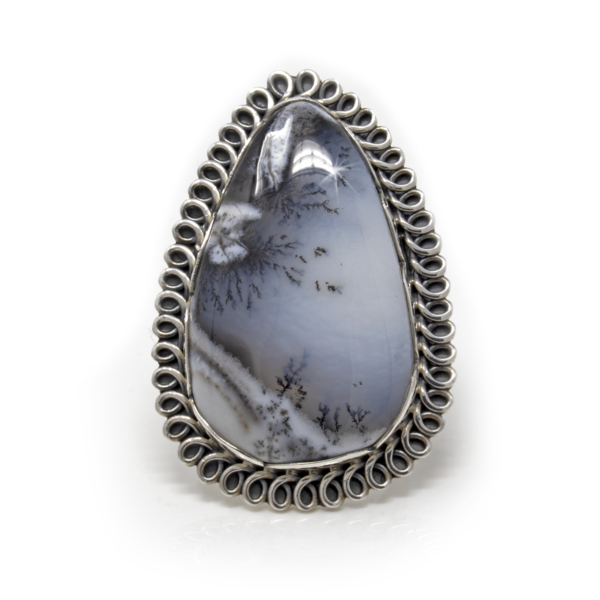 Closeup photo of Dendritic Opal Ring Size 6- Pear Cabochon With Scalloped Silver Bezel & Edge With Looping Silver Detail Set On Double Band